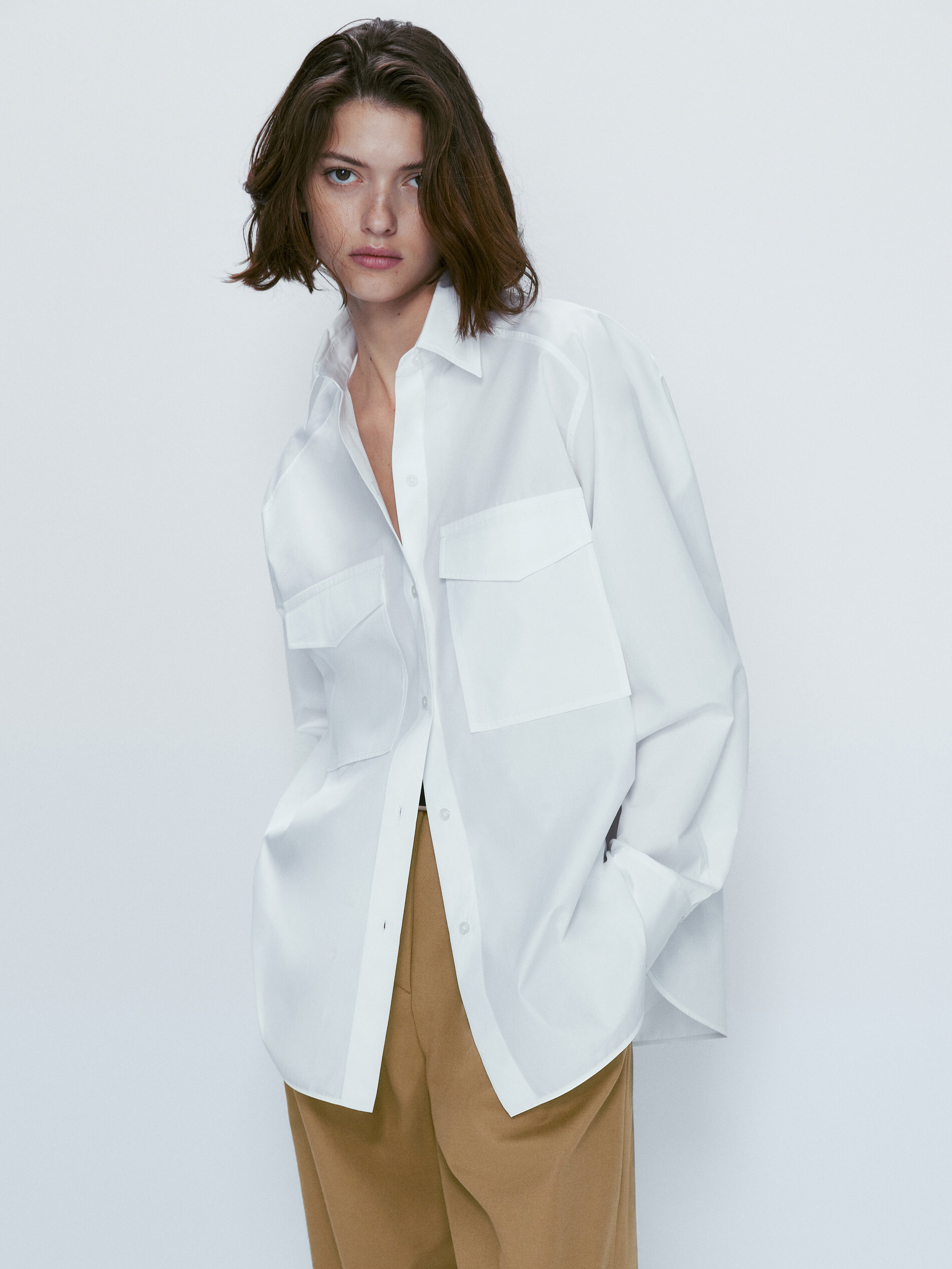 Camisa popelín algodón bolsillos - BLANCO