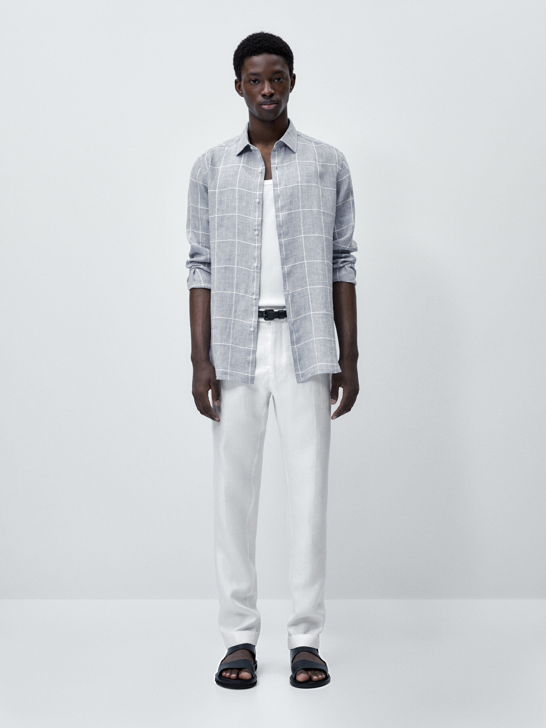 Camisa cuadros mezcla lino slim fit - CELESTE