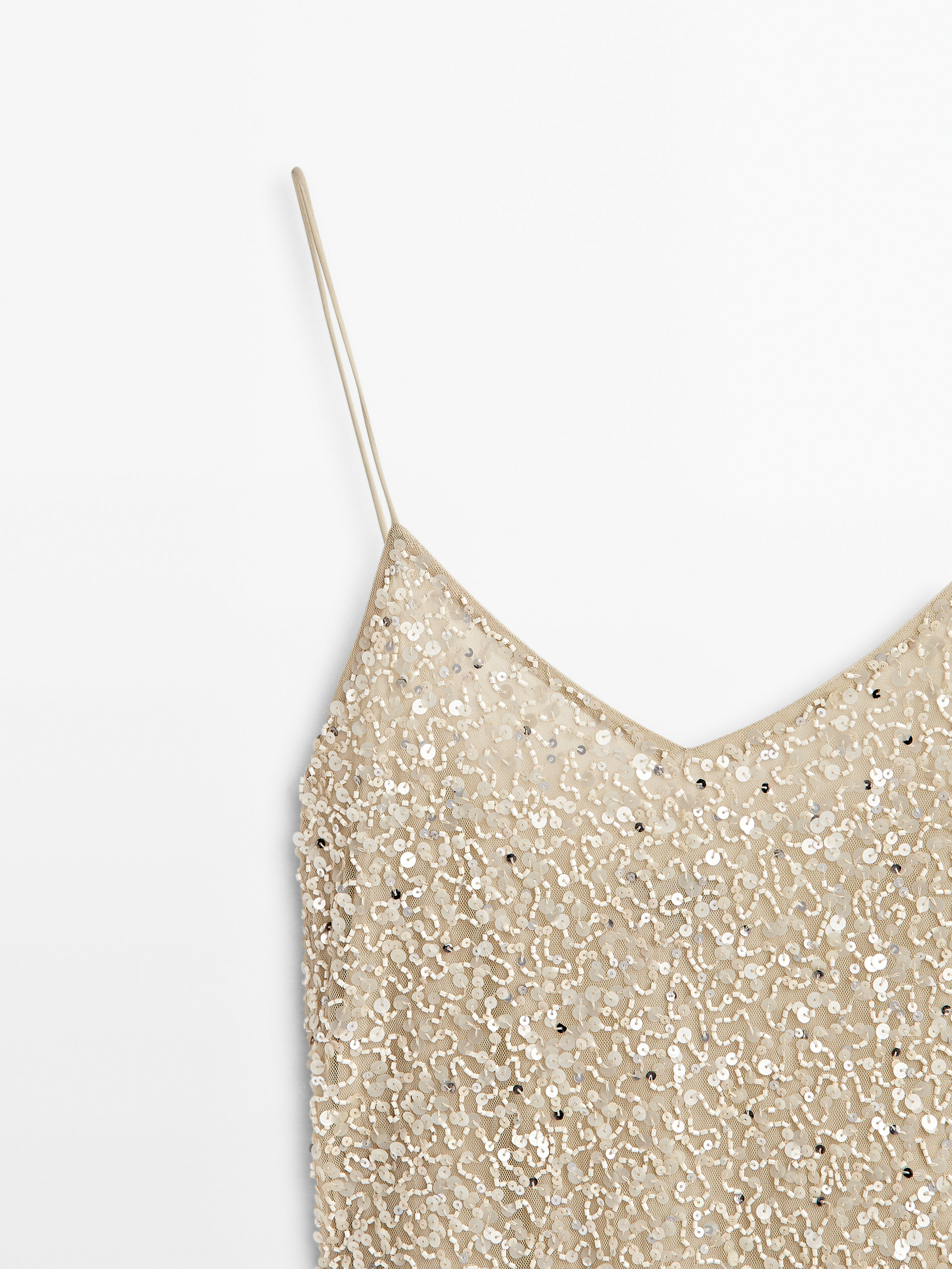 Vestido midi tirantes lentejuelas - BEIGE