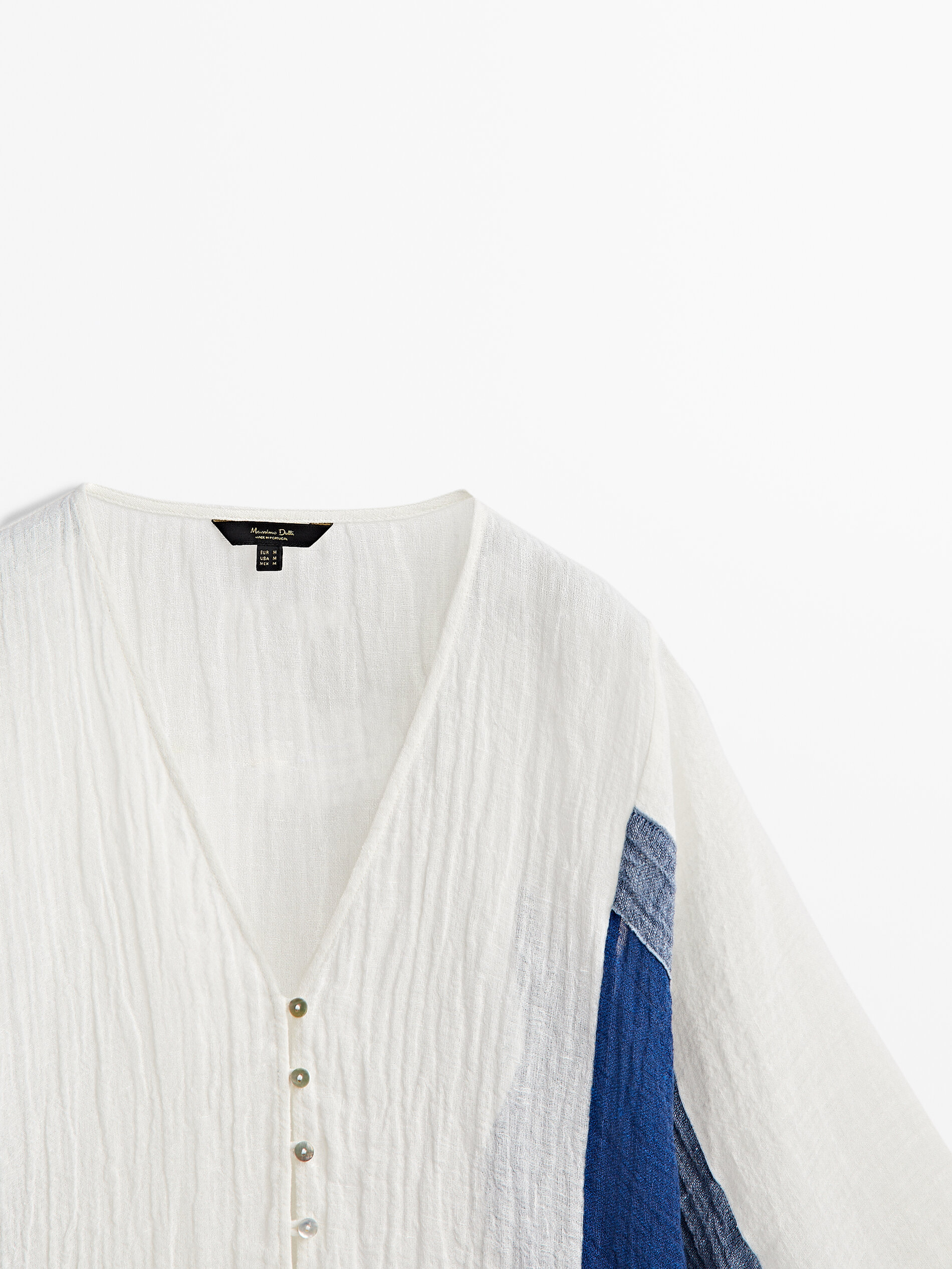 Camisa mezcla lino gofrado combinado - BLANCO