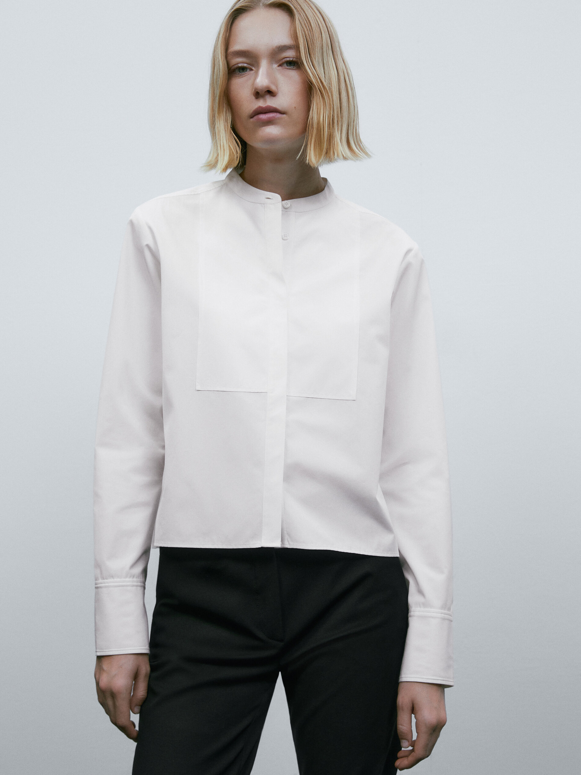 Camisa popelín cuello mao pechera - BLANCO