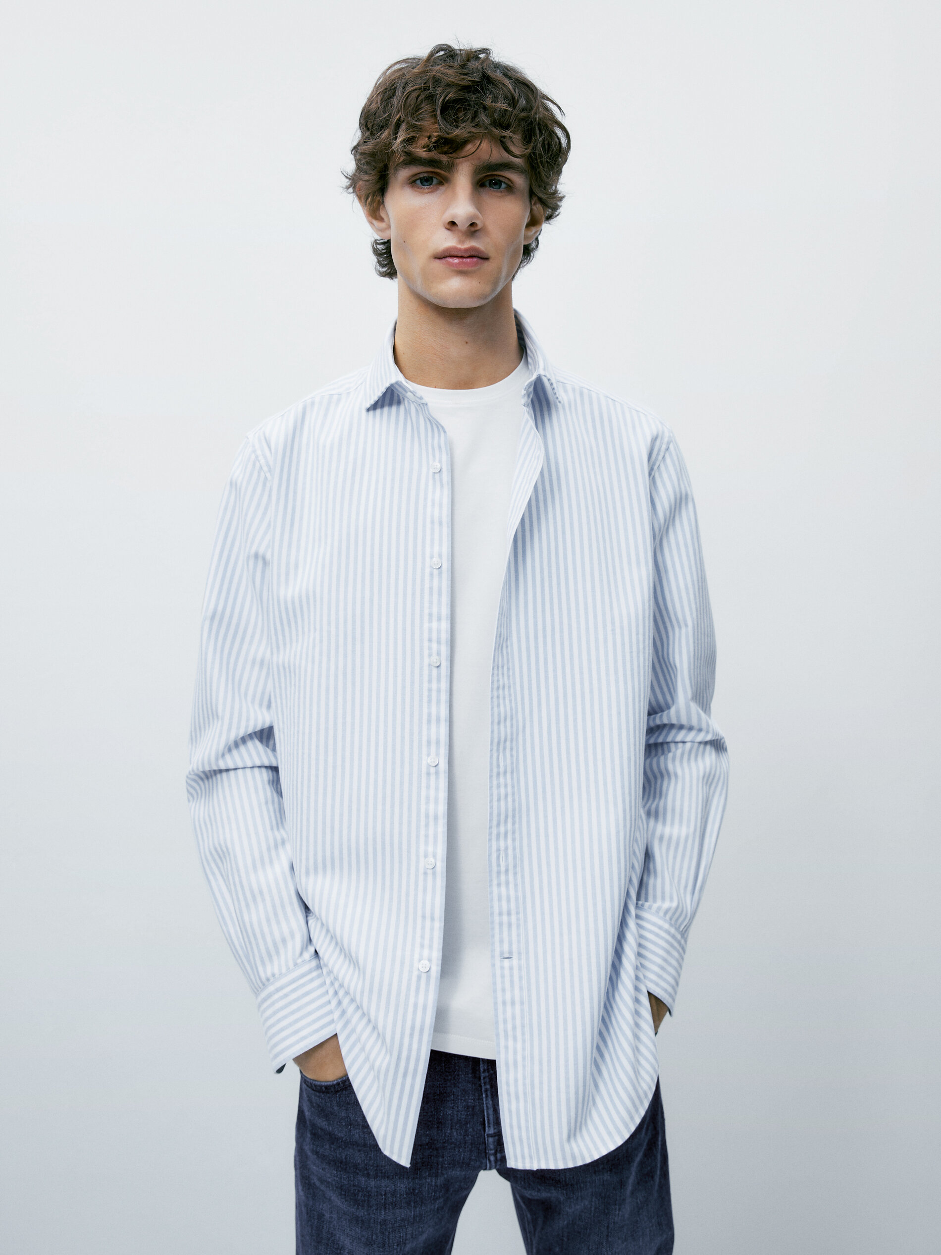 Camisa oxford rayas algodón slim fit - CELESTE