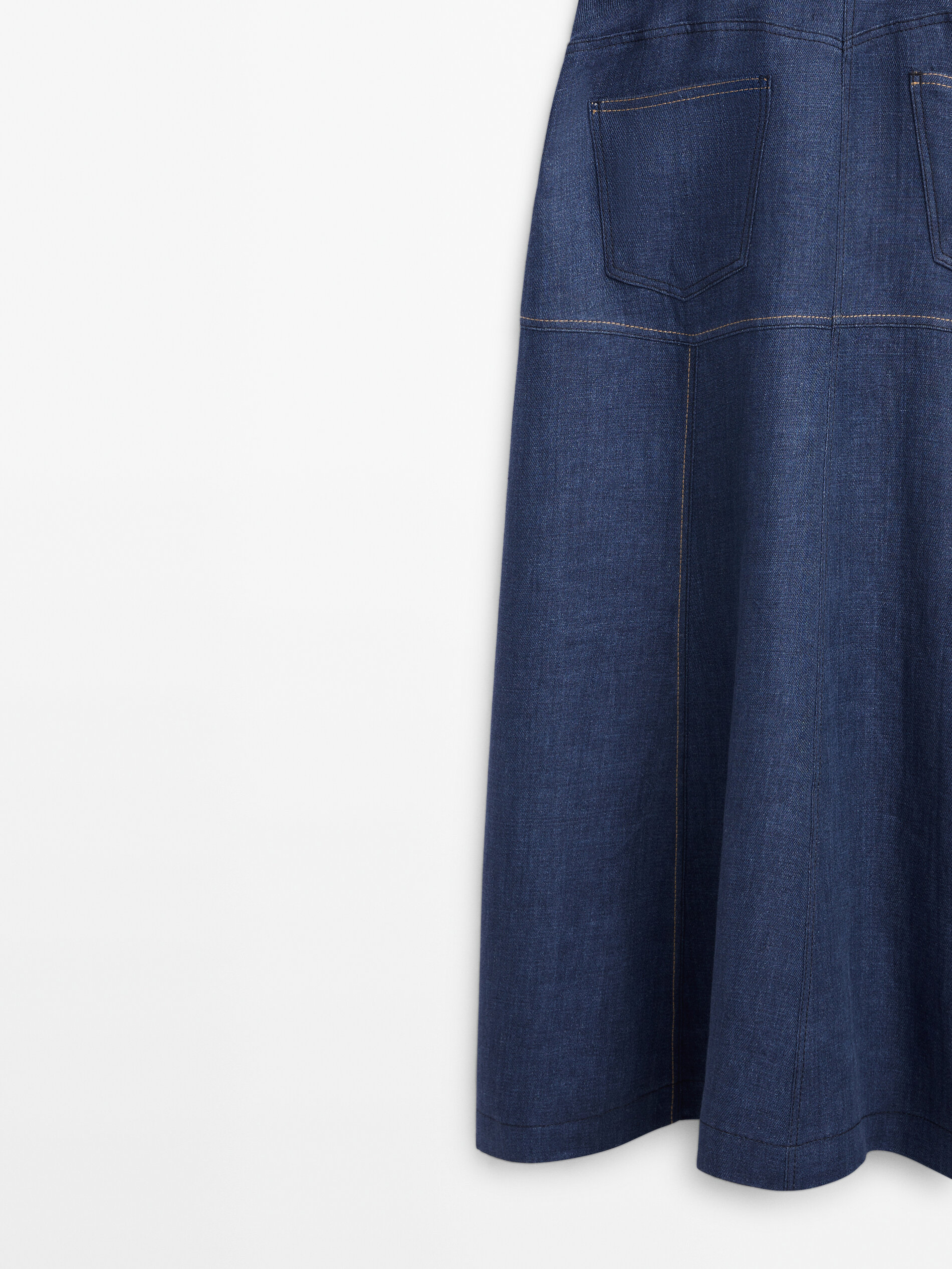 Vestido lino sin mangas pespuntes - AZUL MEDIO