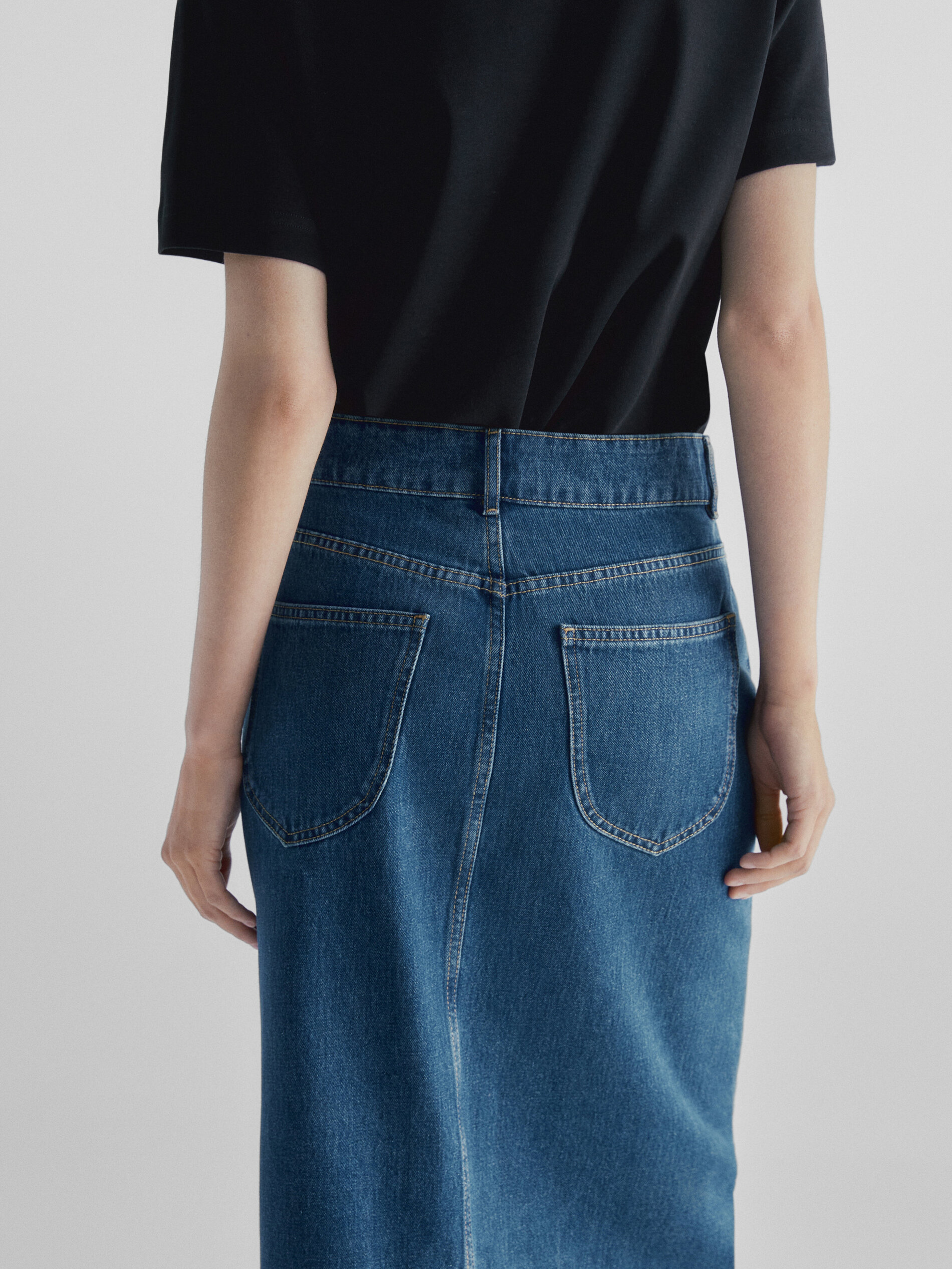 Falda midi denim tiro alto - AZUL MEDIO