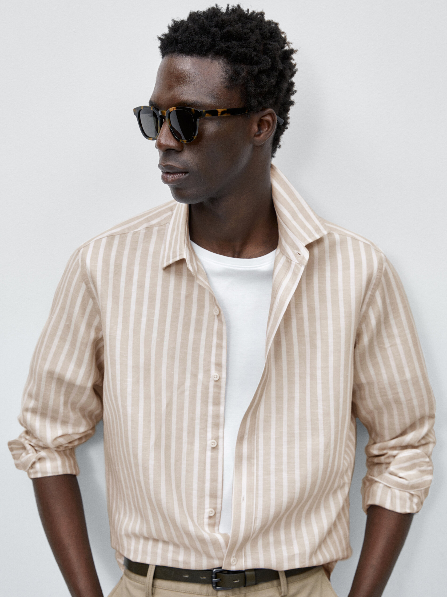 Camisa rayas con lino y algodón slim fit - BEIGE