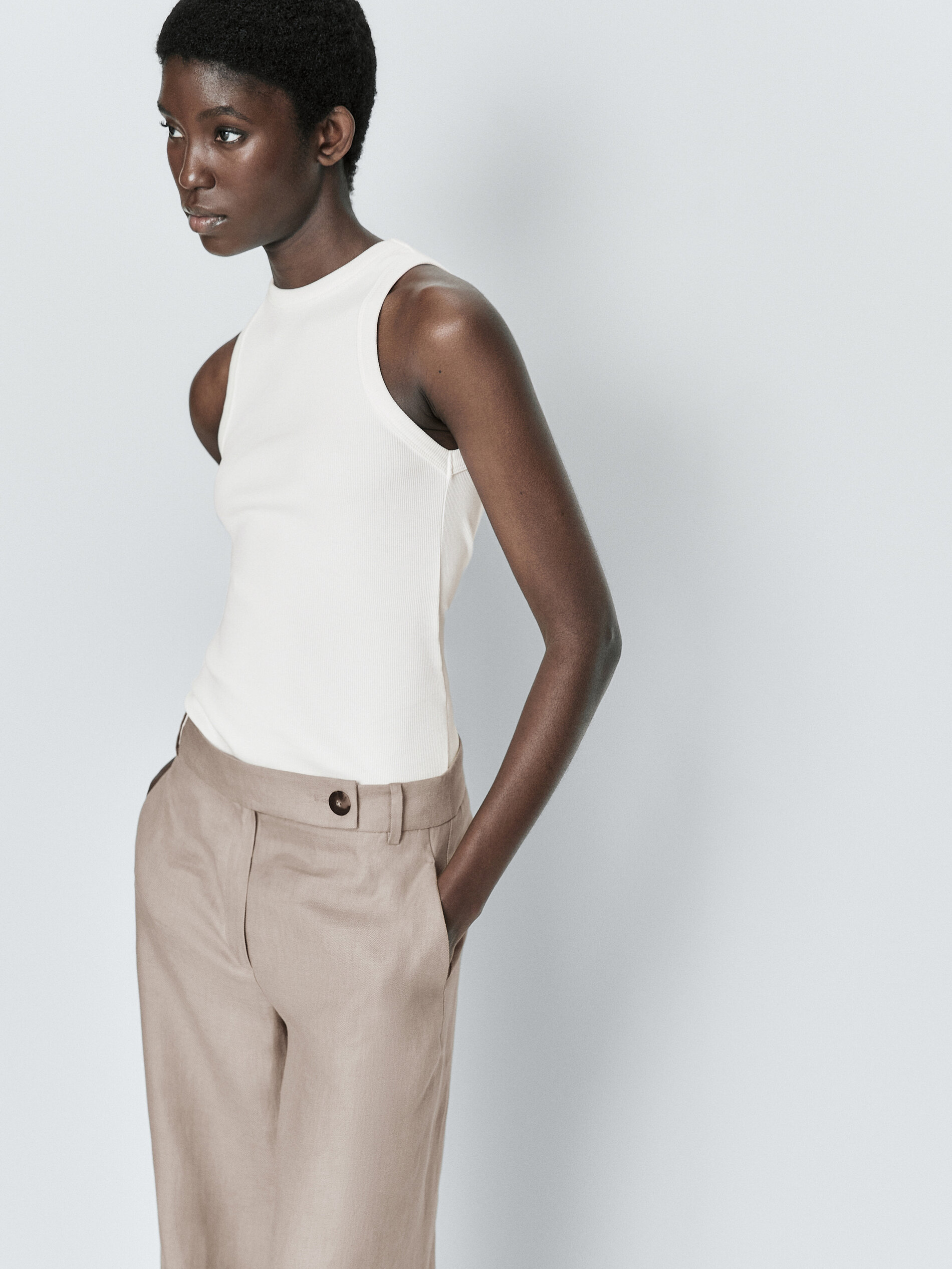 Pantalón traje 100% lino corte recto - VISÓN