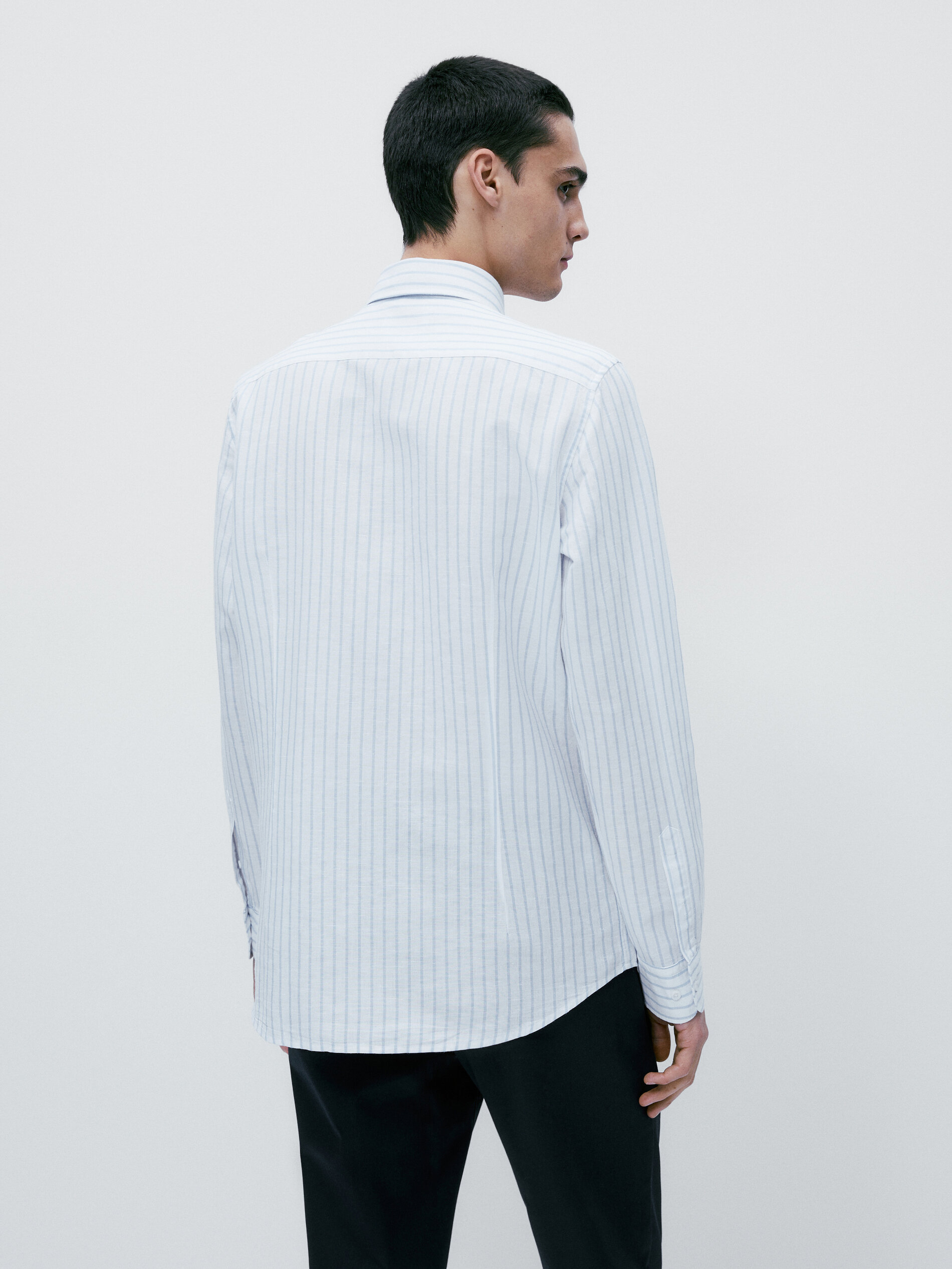 Camisa rayas con lino y algodón slim fit - CELESTE