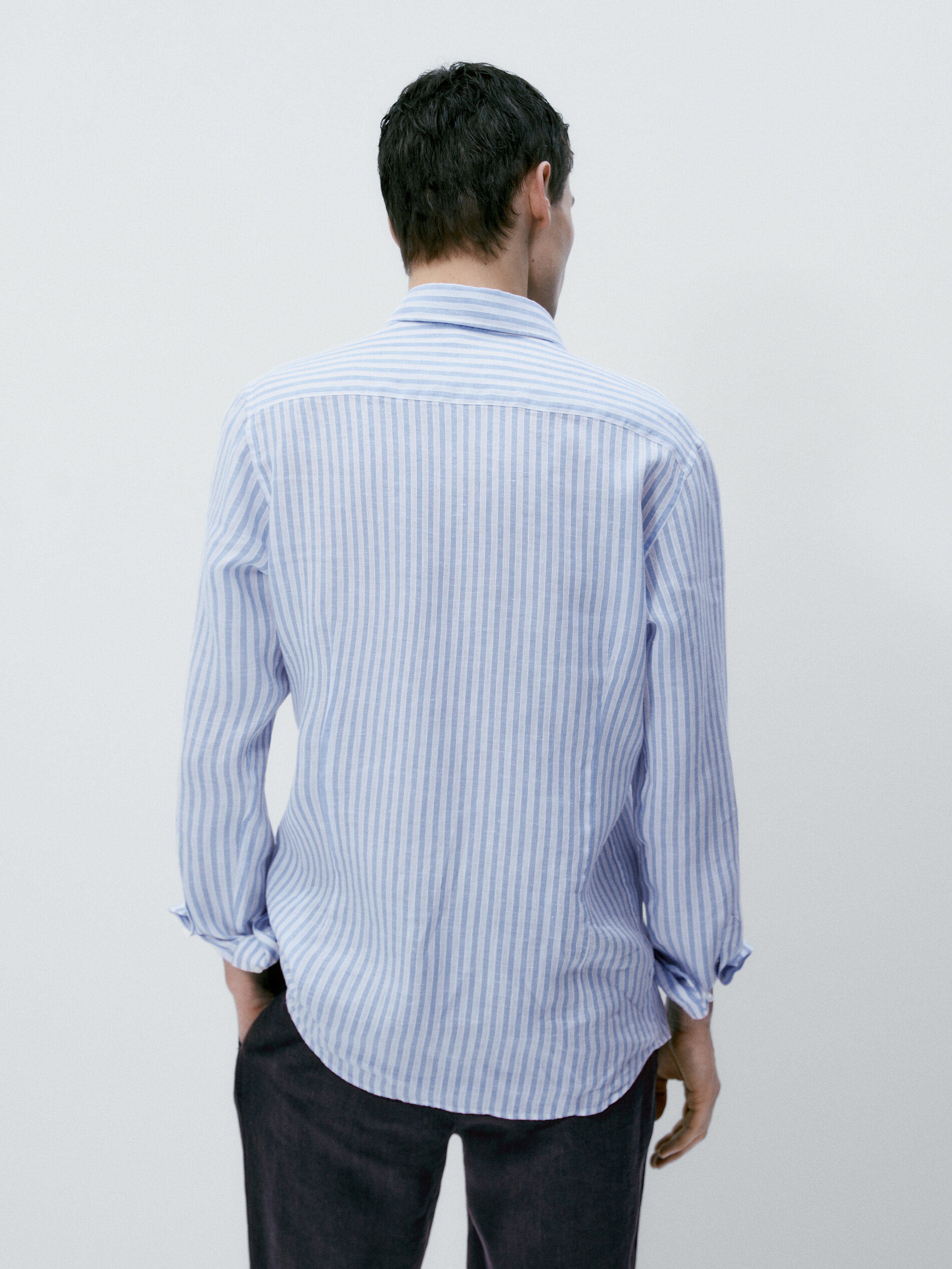 Camisa rayas mezcla lino algodón slim fit - CELESTE