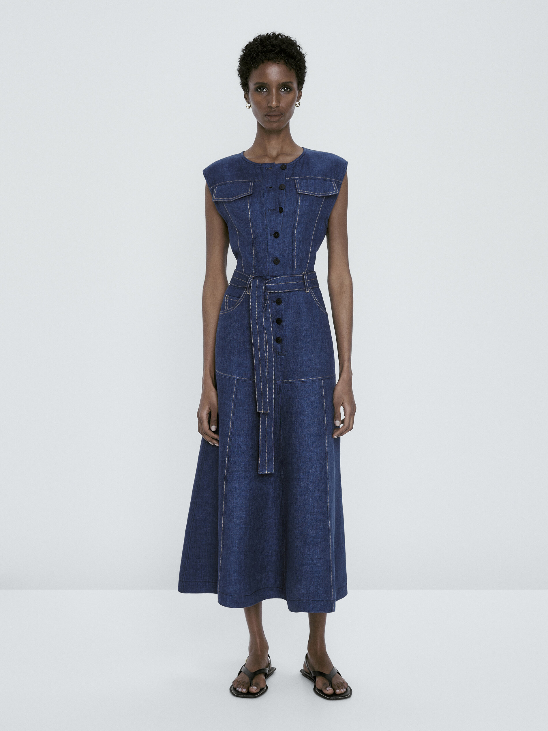 Vestido lino sin mangas pespuntes - AZUL MEDIO