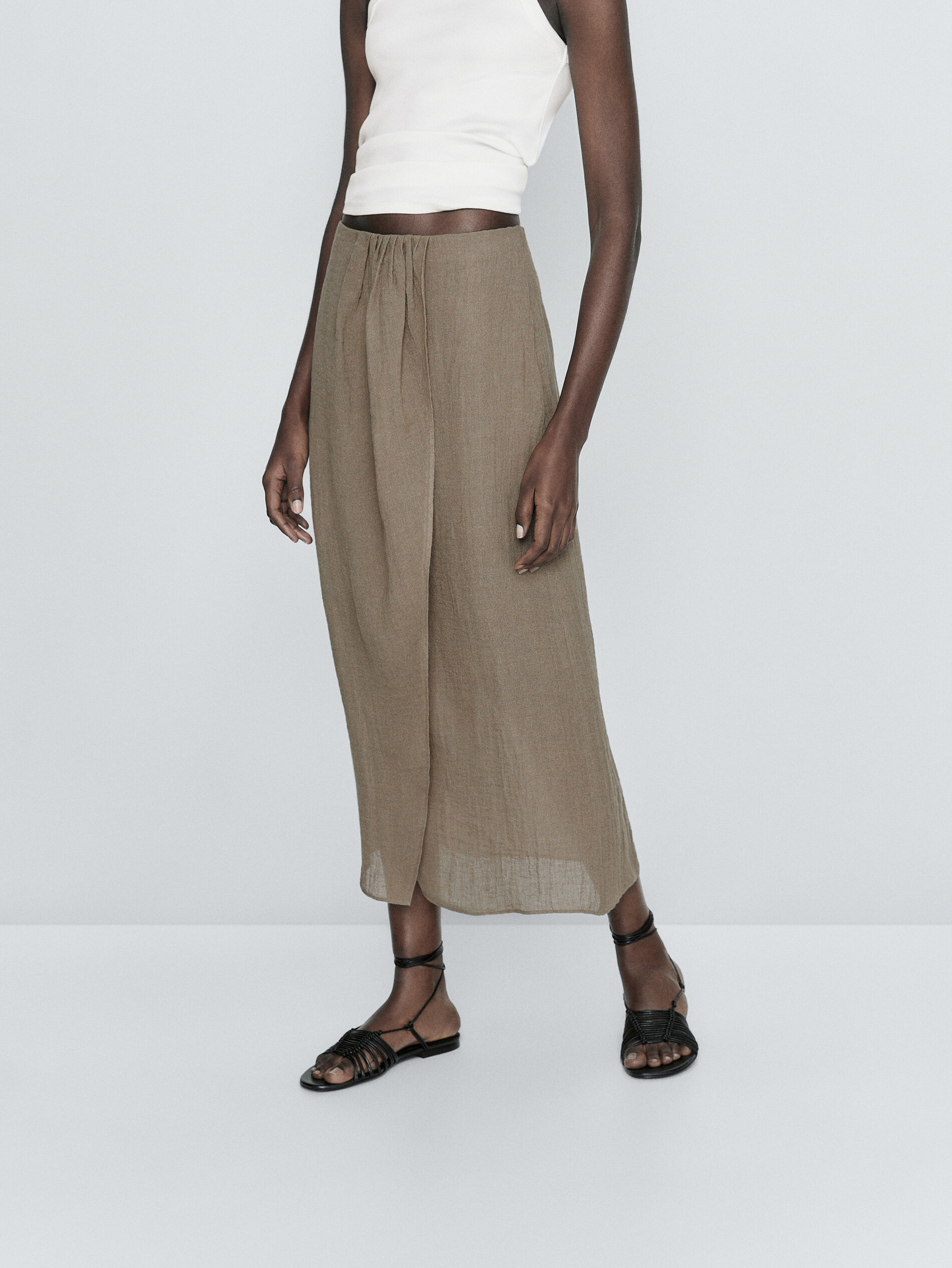 Falda midi lino acabado gofrado - Piedra