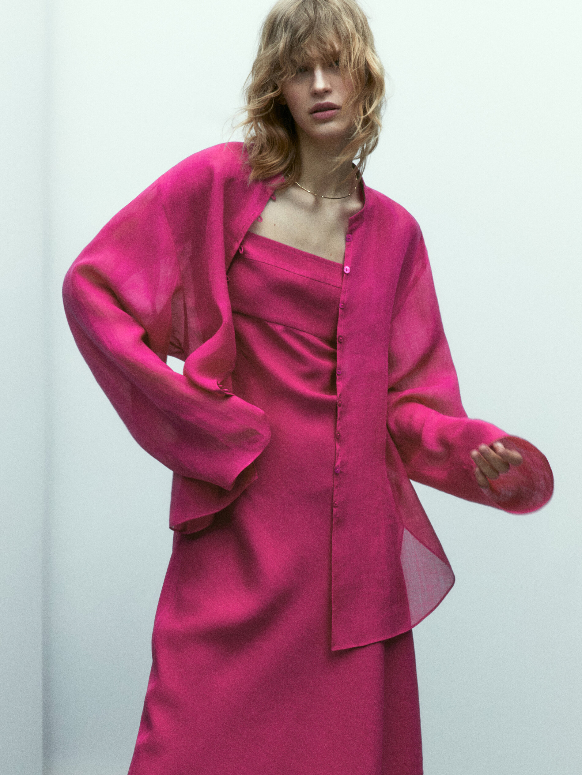 Camisa 100% ramio cuello mao - FUCSIA