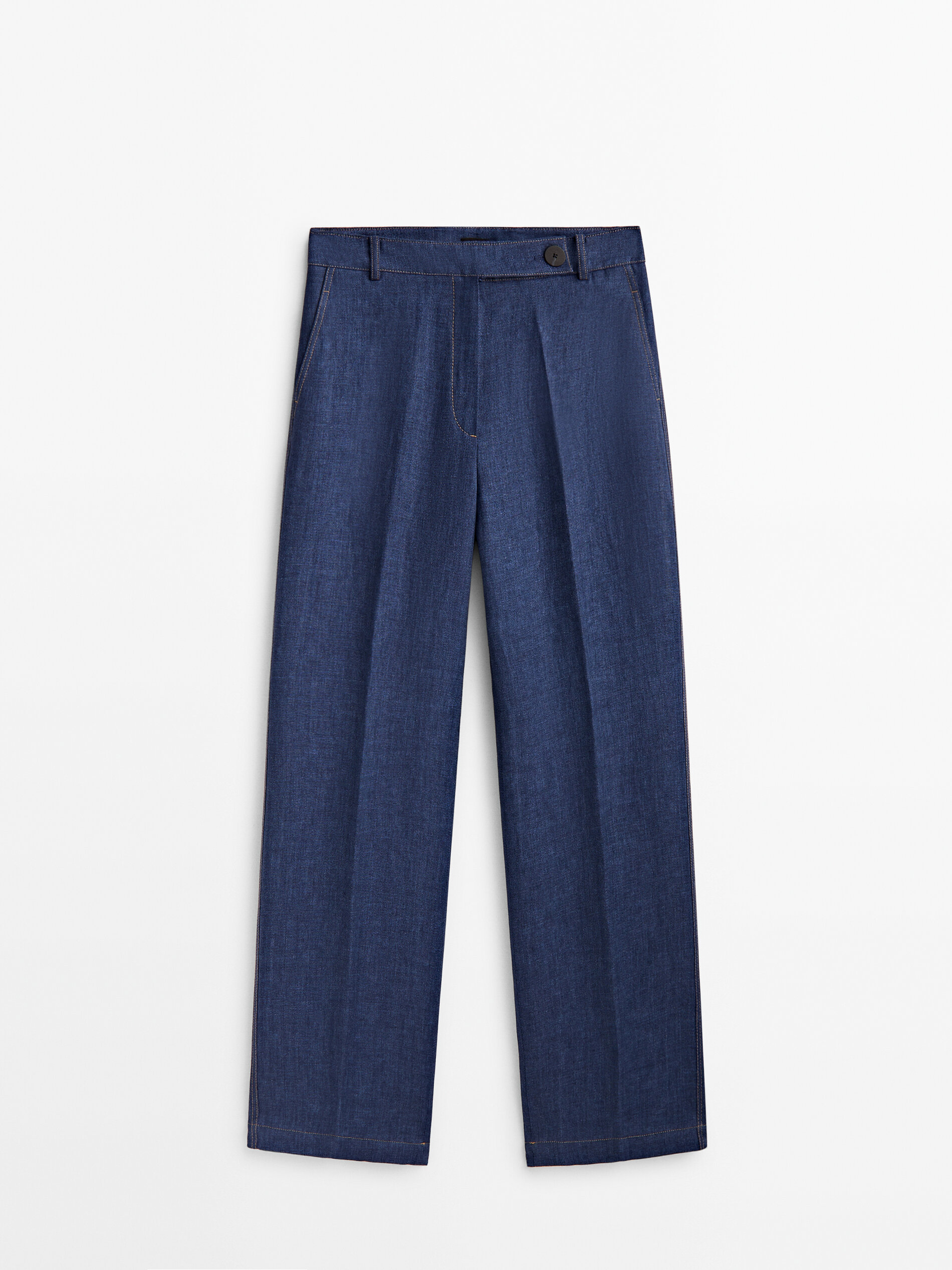 Pantalón traje ancho lino pespuntes - AZUL MARINO