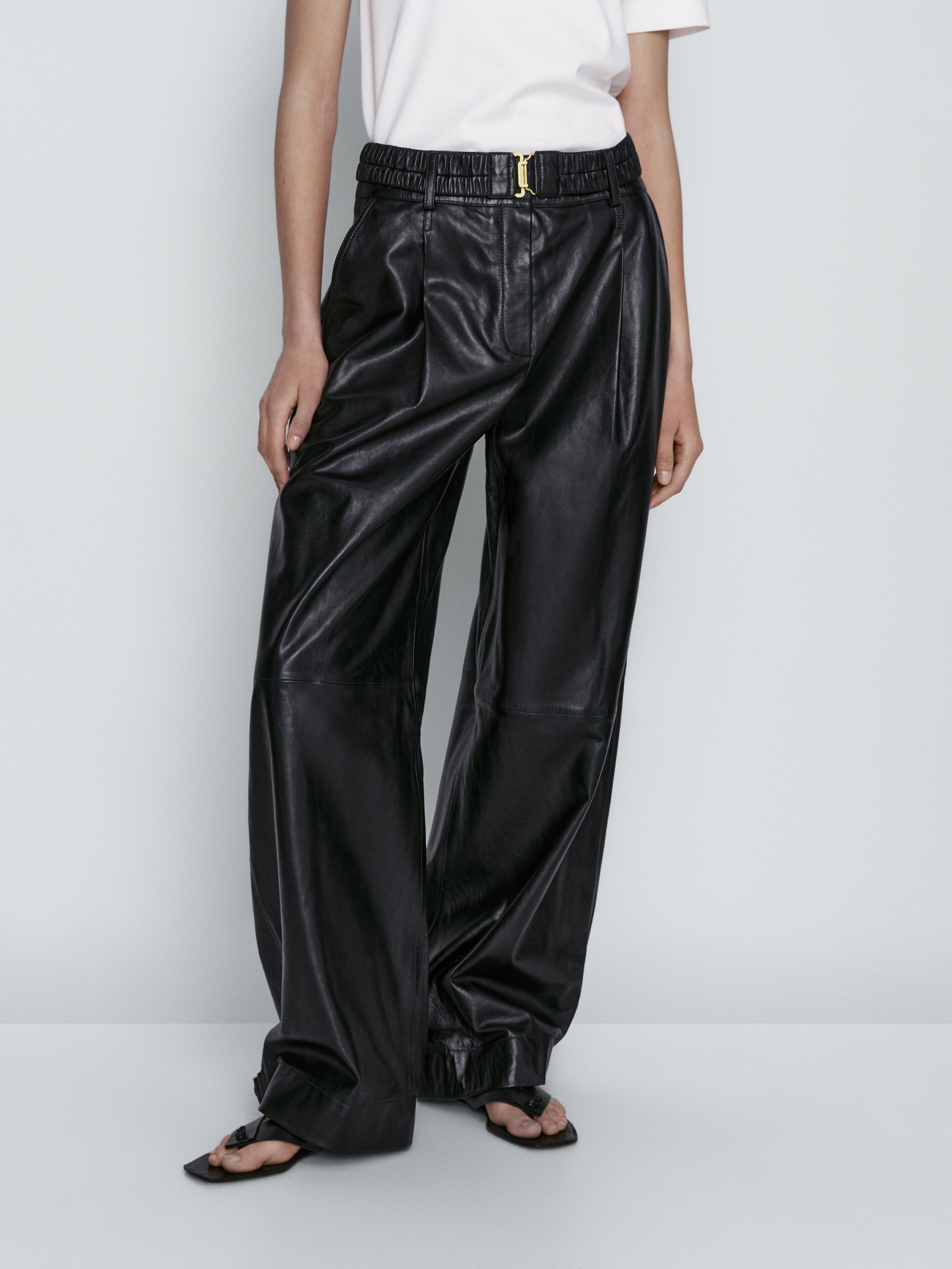 Pantalón ancho piel napa cinturón - NEGRO