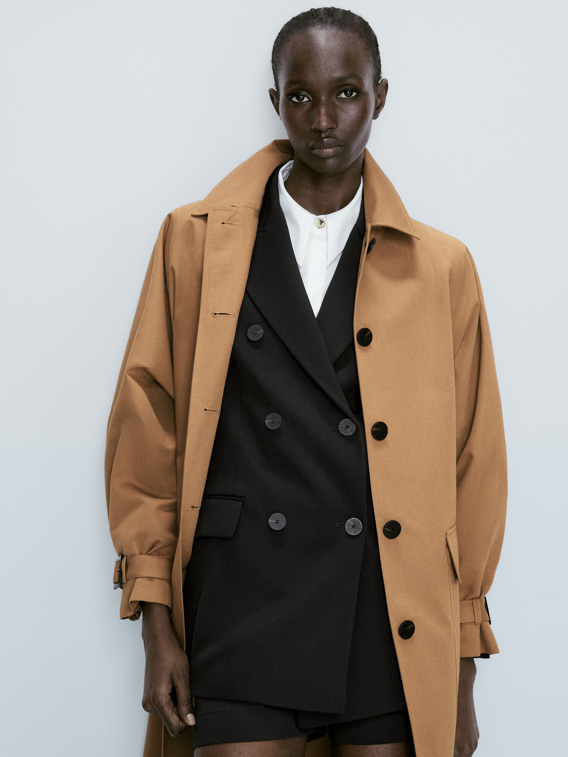 Chaqueta trench mezcla algodón lino - Tabaco