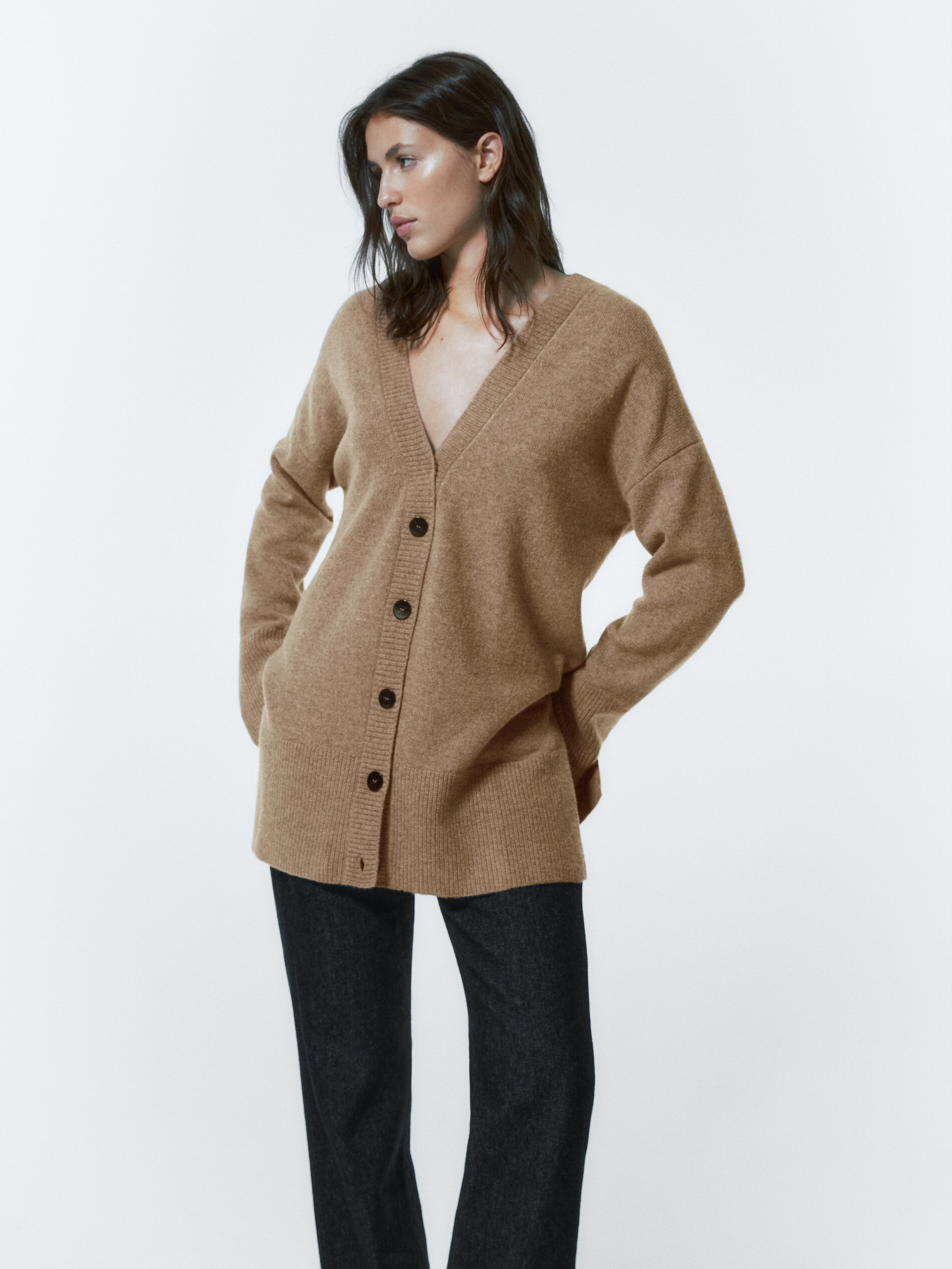 Cárdigan botones mezcla lana cashmere - CRUDO MEDIO