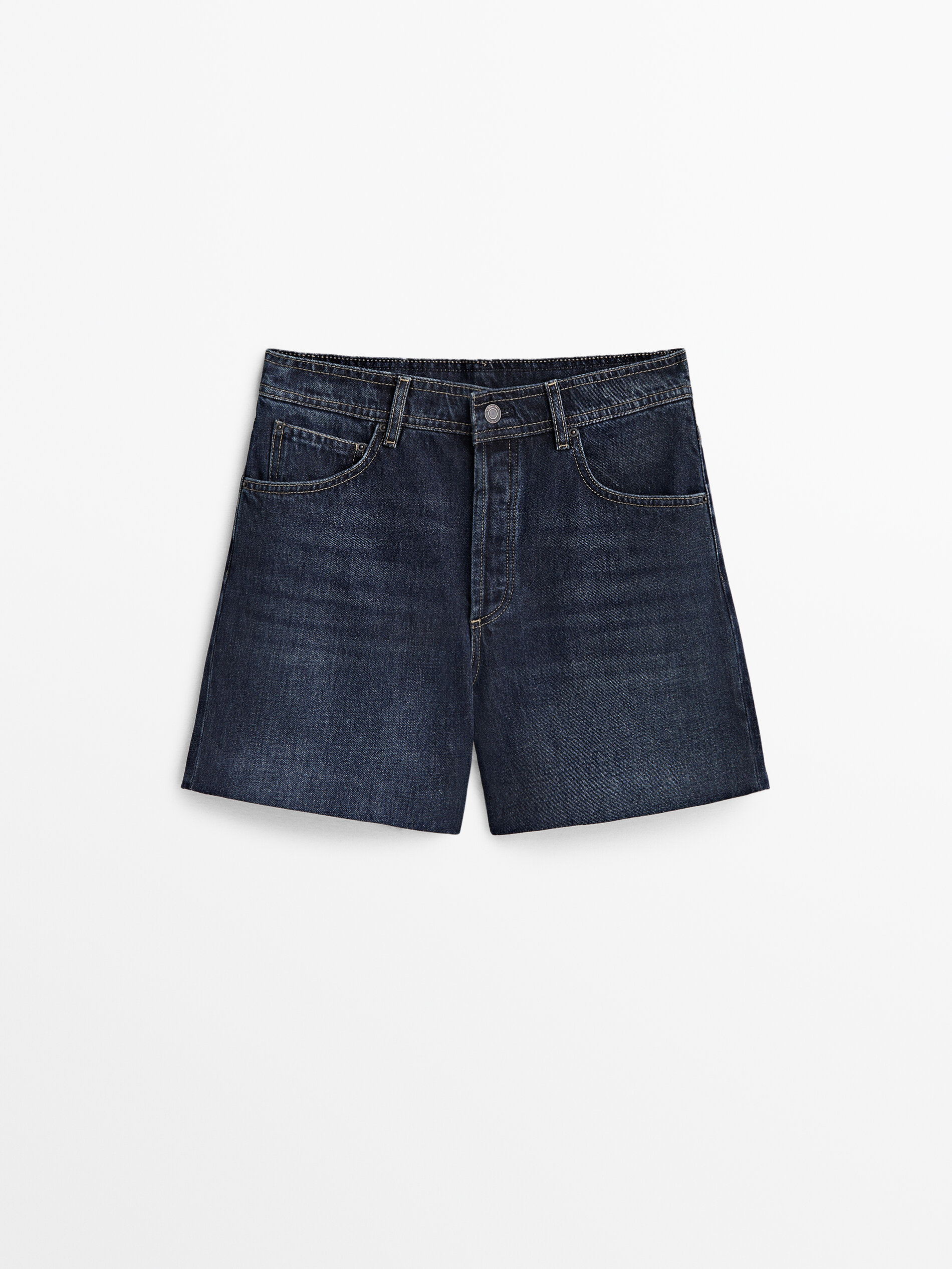 Short denim tiro alto bolsillo piel - AZUL MEDIO