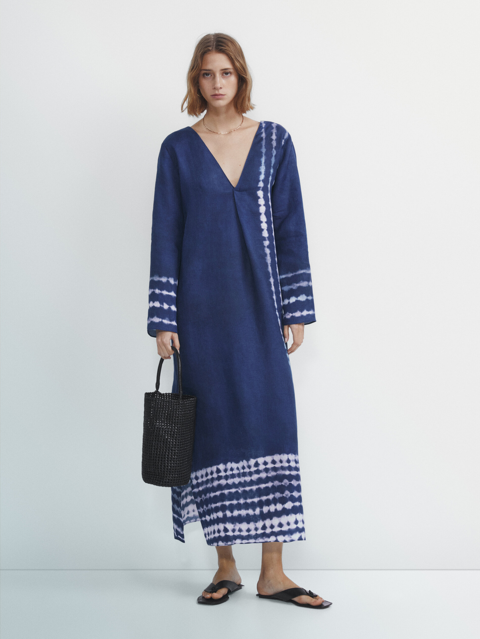 Kaftán 100% lino tie dye azul - Azul Claro