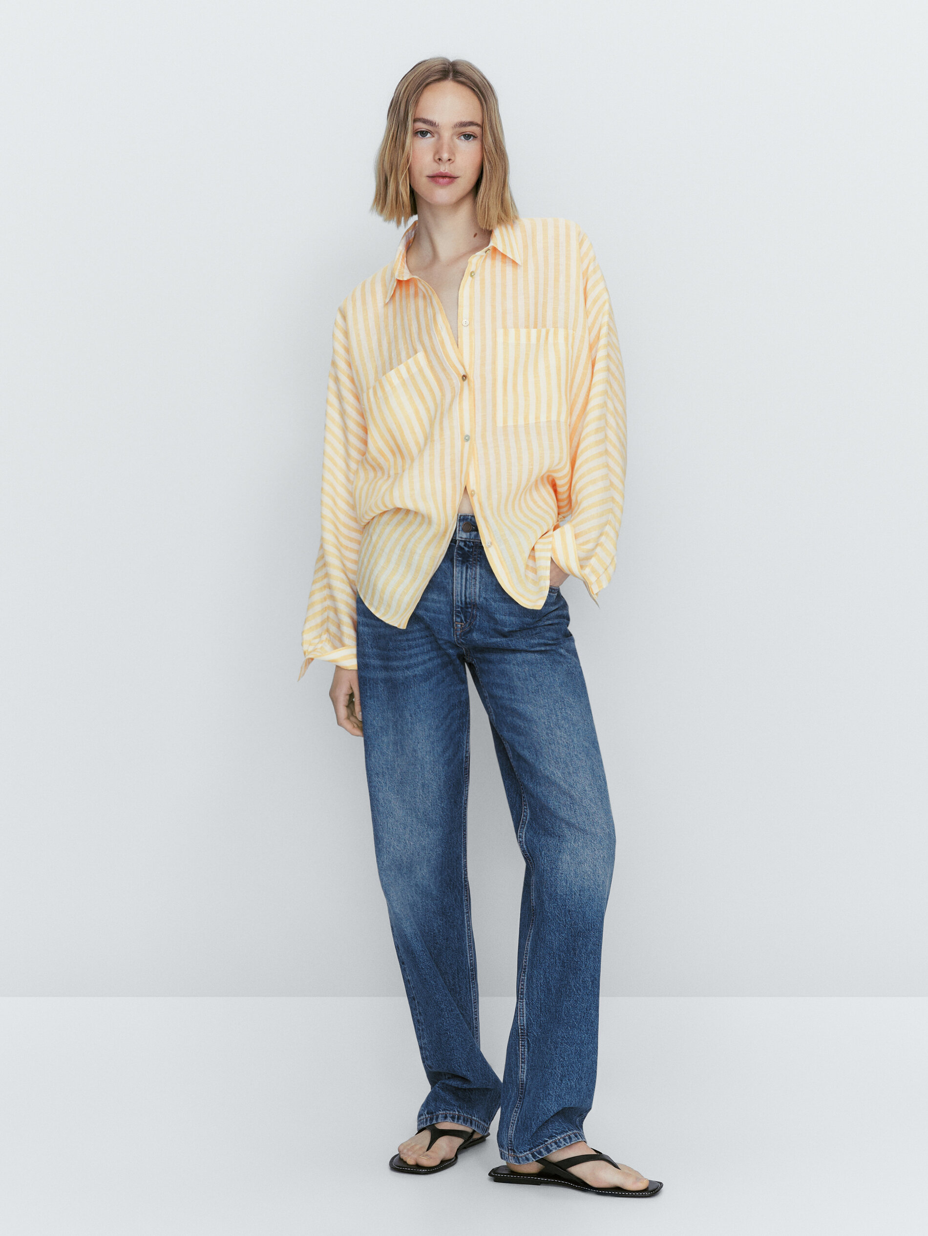 Camisa rayas 100% lino bolsillos - AMARILLO