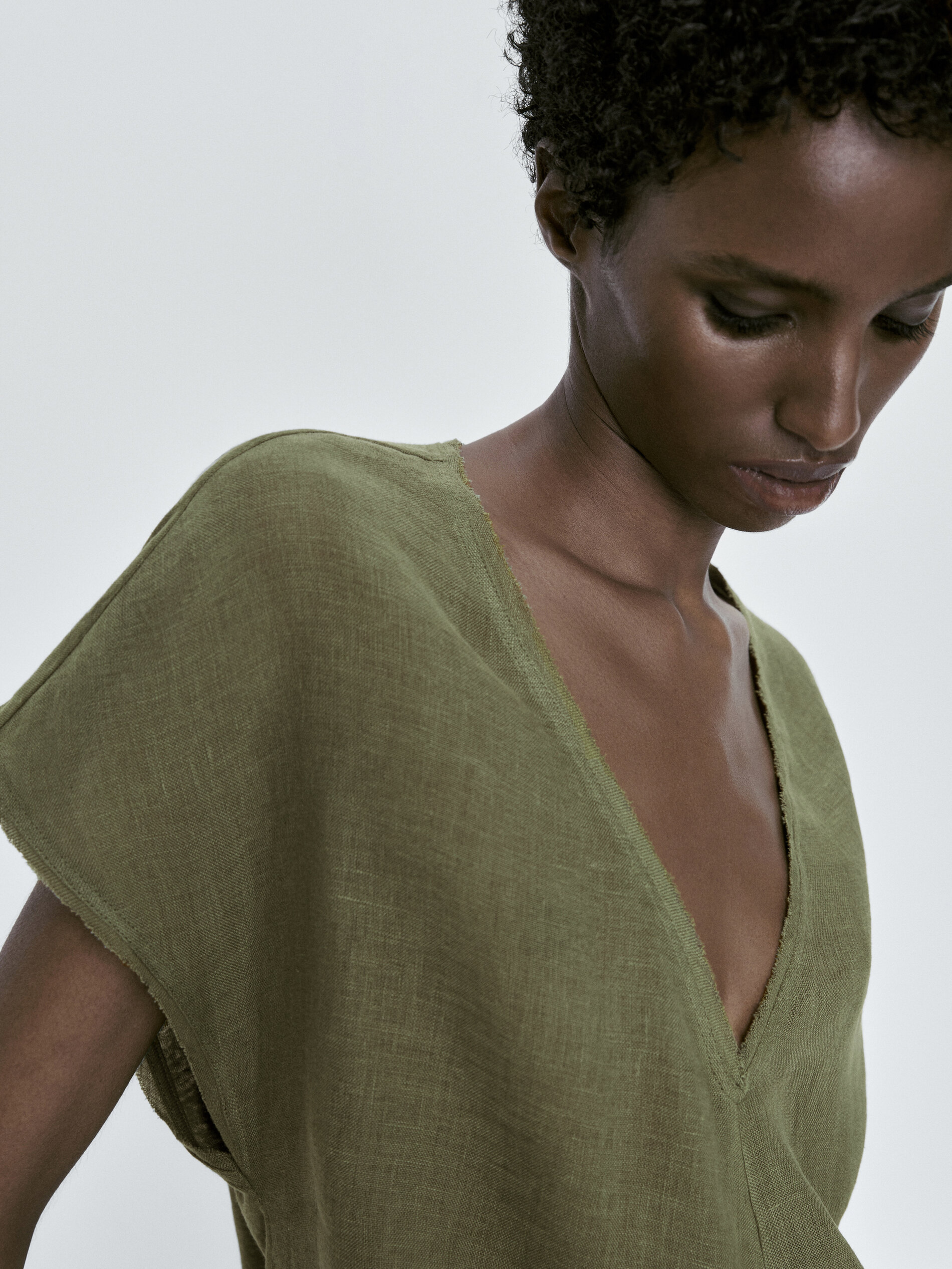 Camiseta mezcla lino nudo frontal - KAKI CLARO