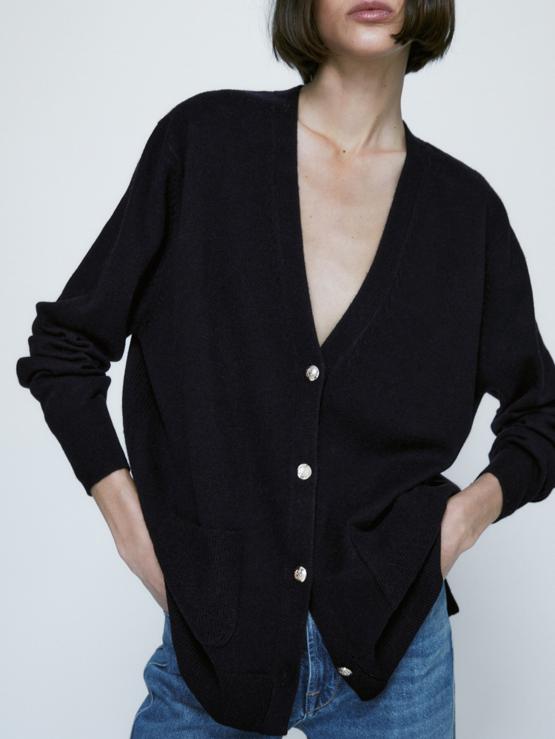 Cárdigan botones mezcla lana cashmere - AZUL MARINO