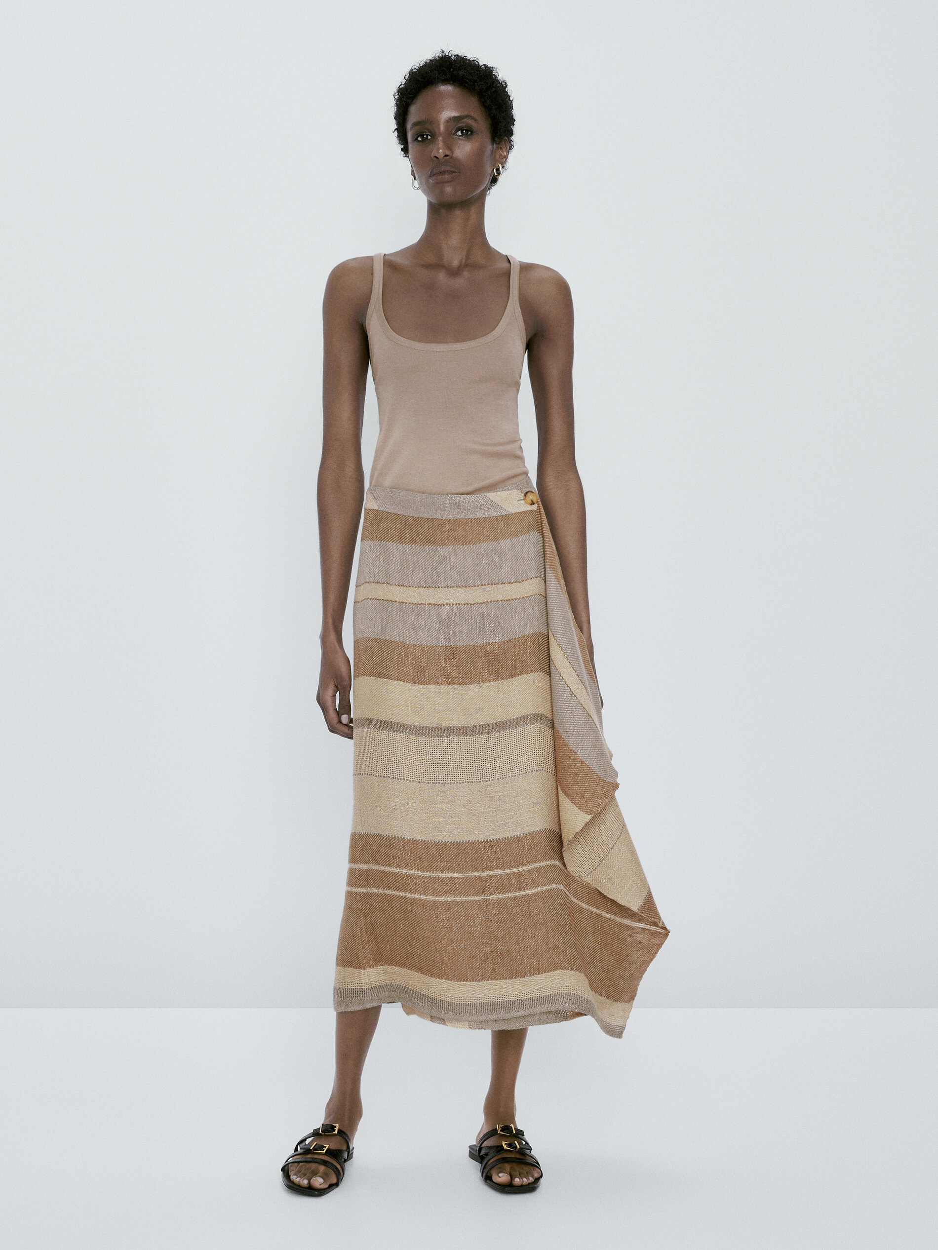 Falda rústica rayas 100% lino - MARRÓN