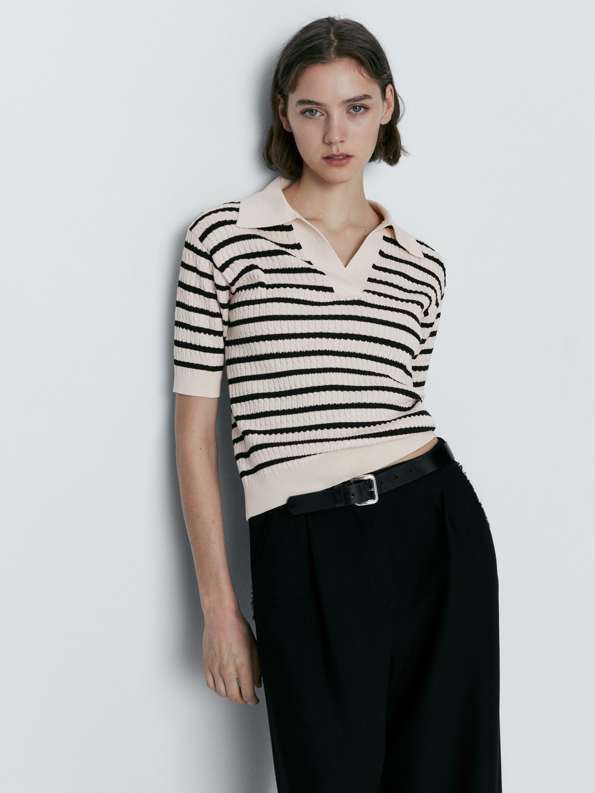 Jersey polo rayas punto trenzas - CRUDO