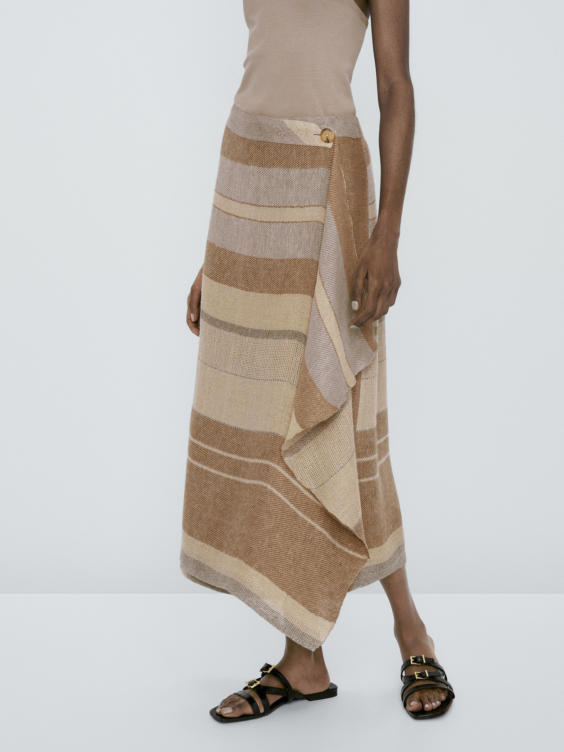 Falda rústica rayas 100% lino - MARRÓN