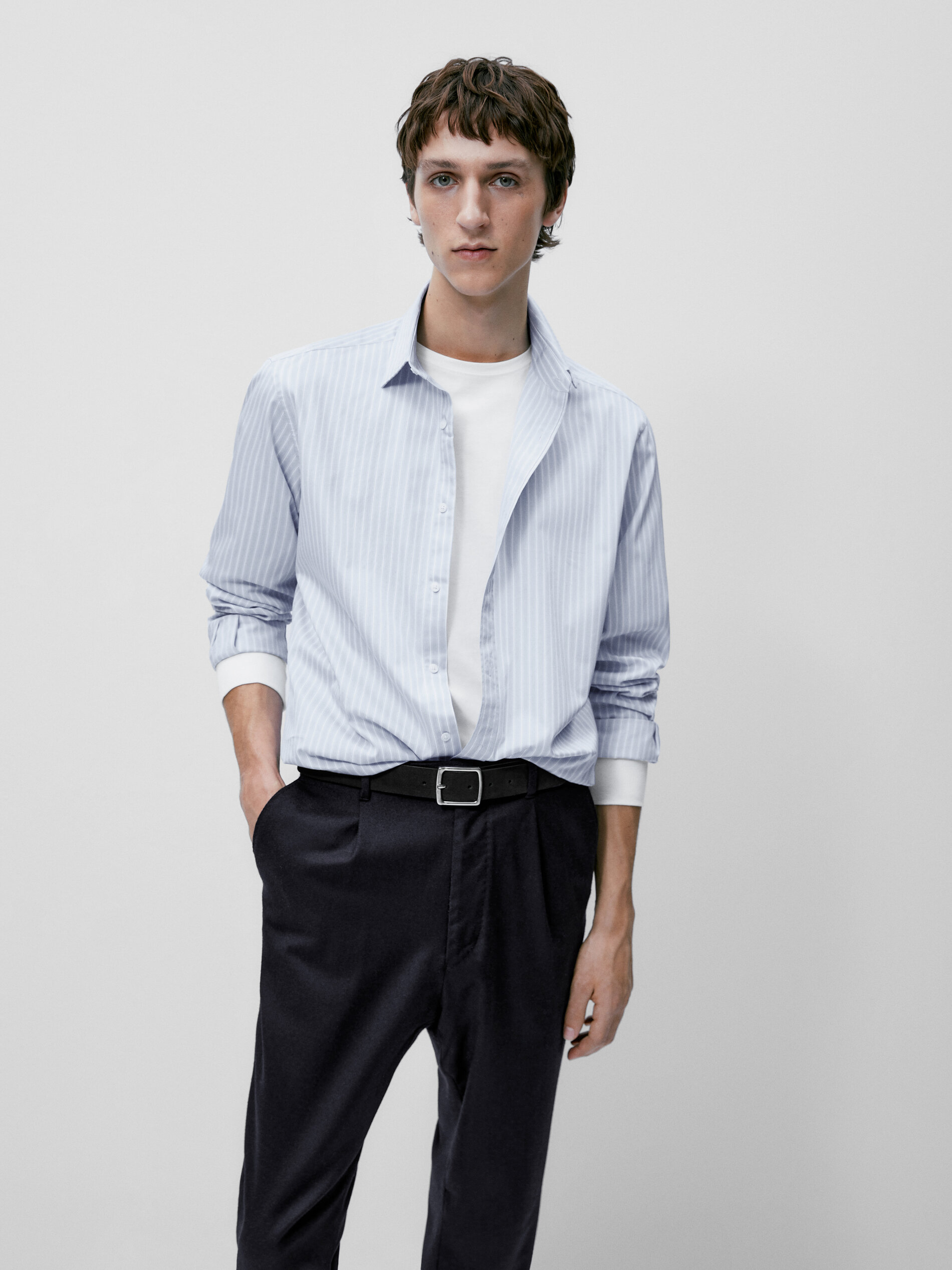 Camisa rayas algodón slim fit - CELESTE