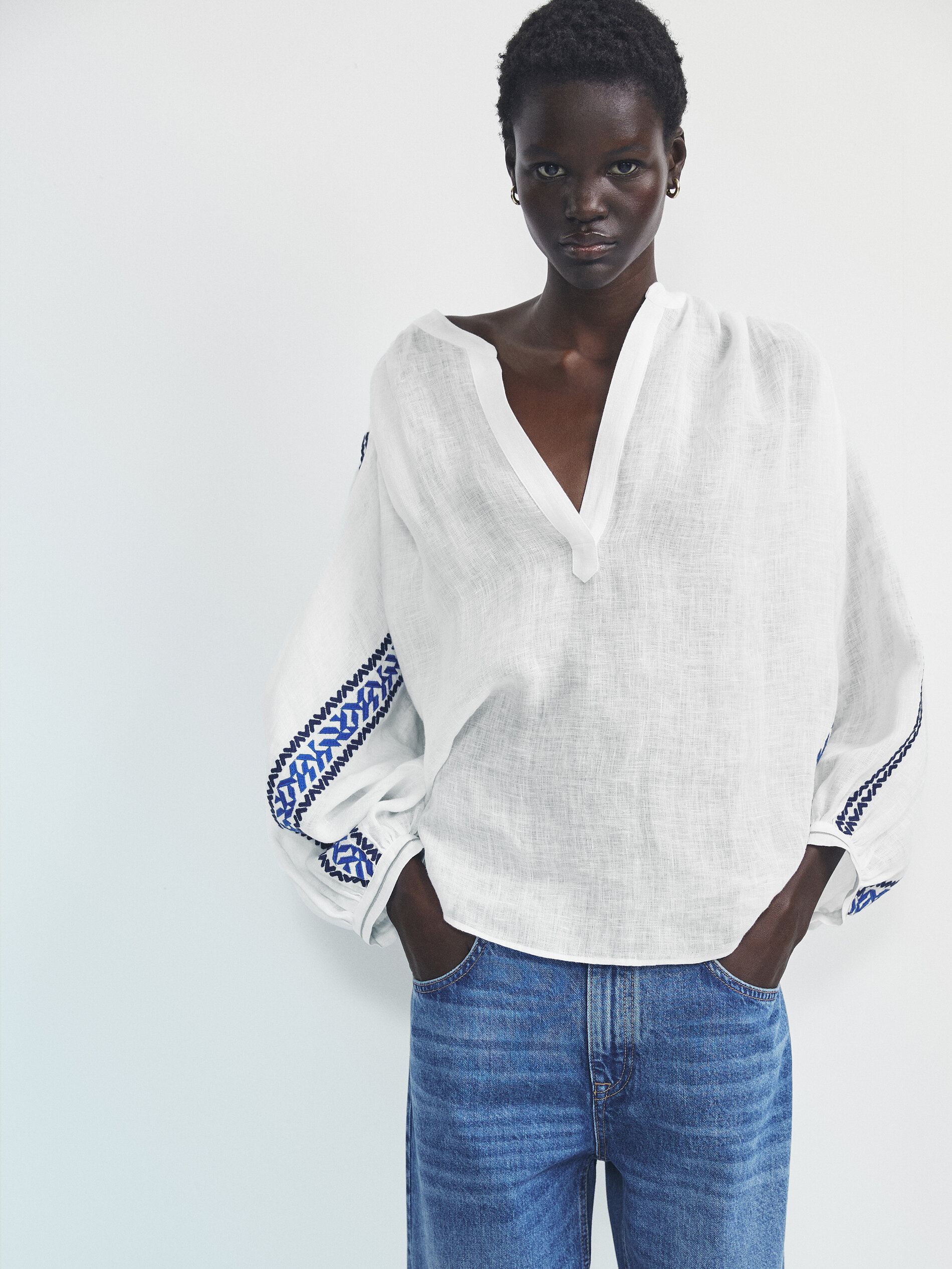 Camisa lino bordados - BLANCO