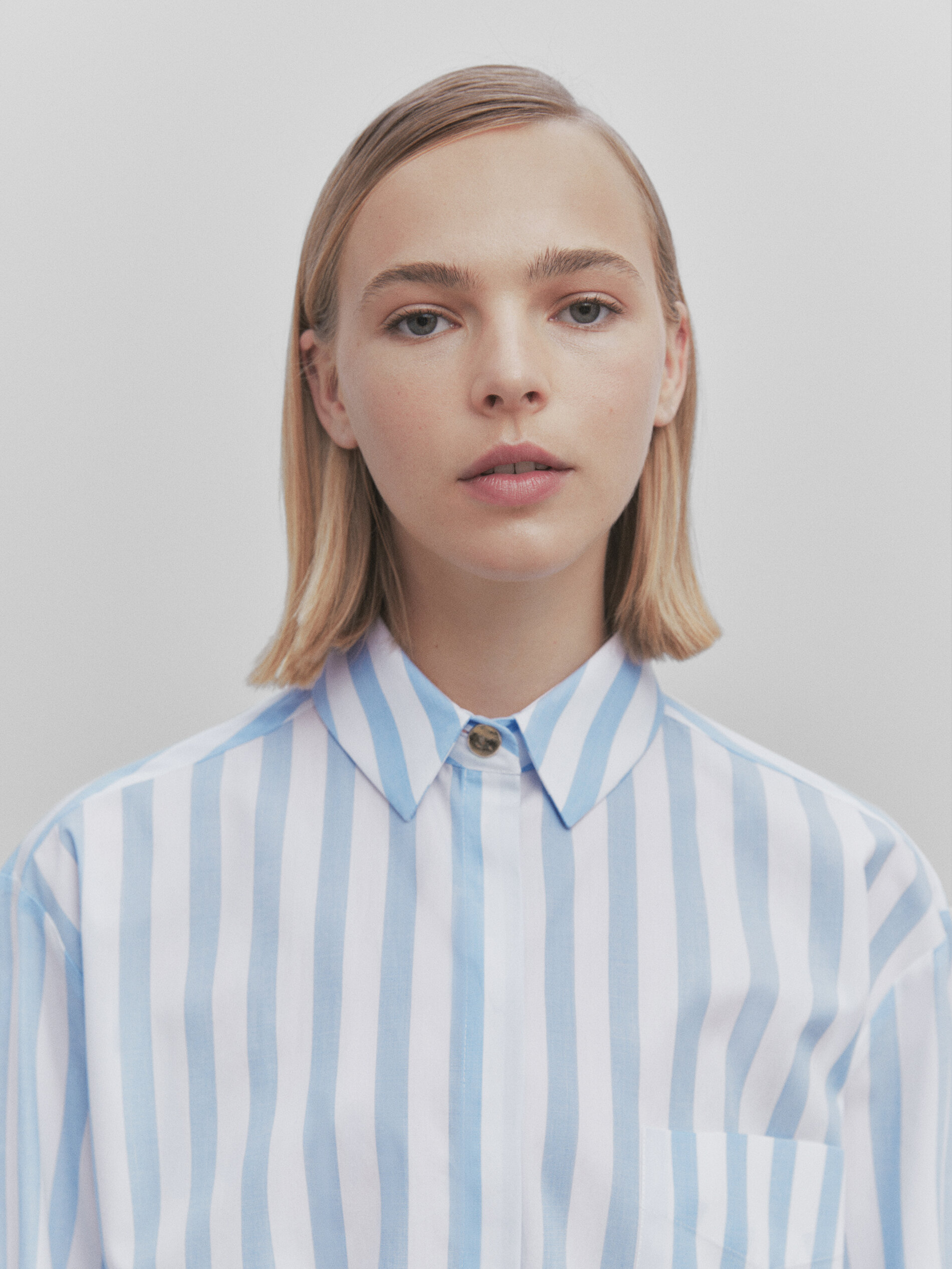 Camisa rayas popelín bolsillo -Studio - CELESTE