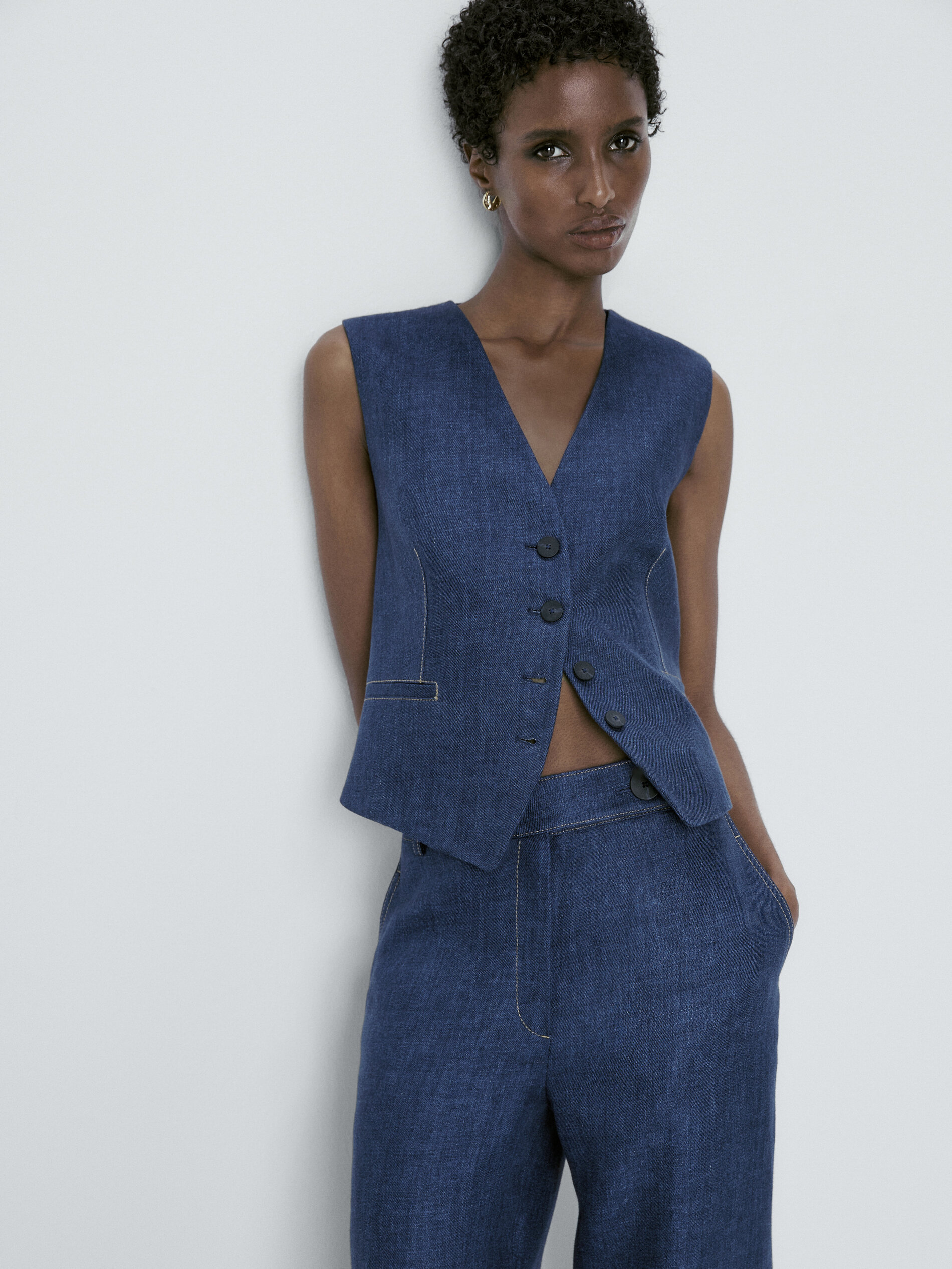 Pantalón traje ancho lino pespuntes - AZUL MARINO