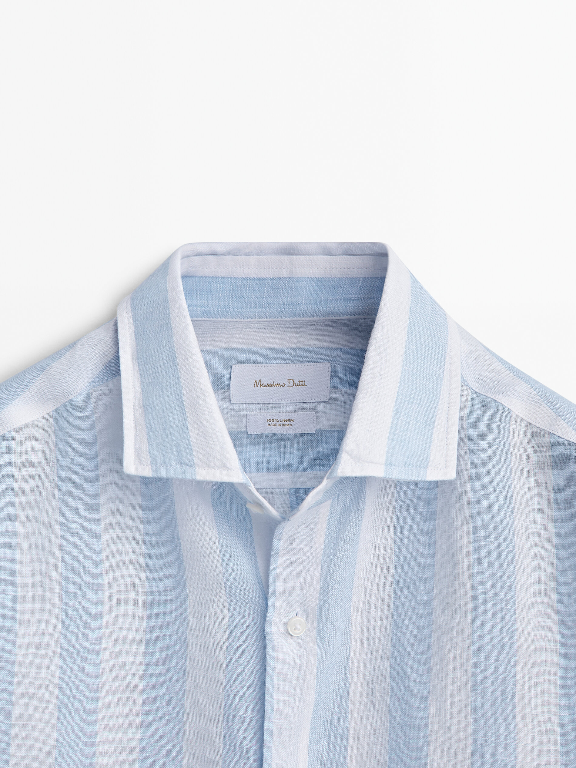 Camisa rayas anchas 100% lino slim fit - CELESTE