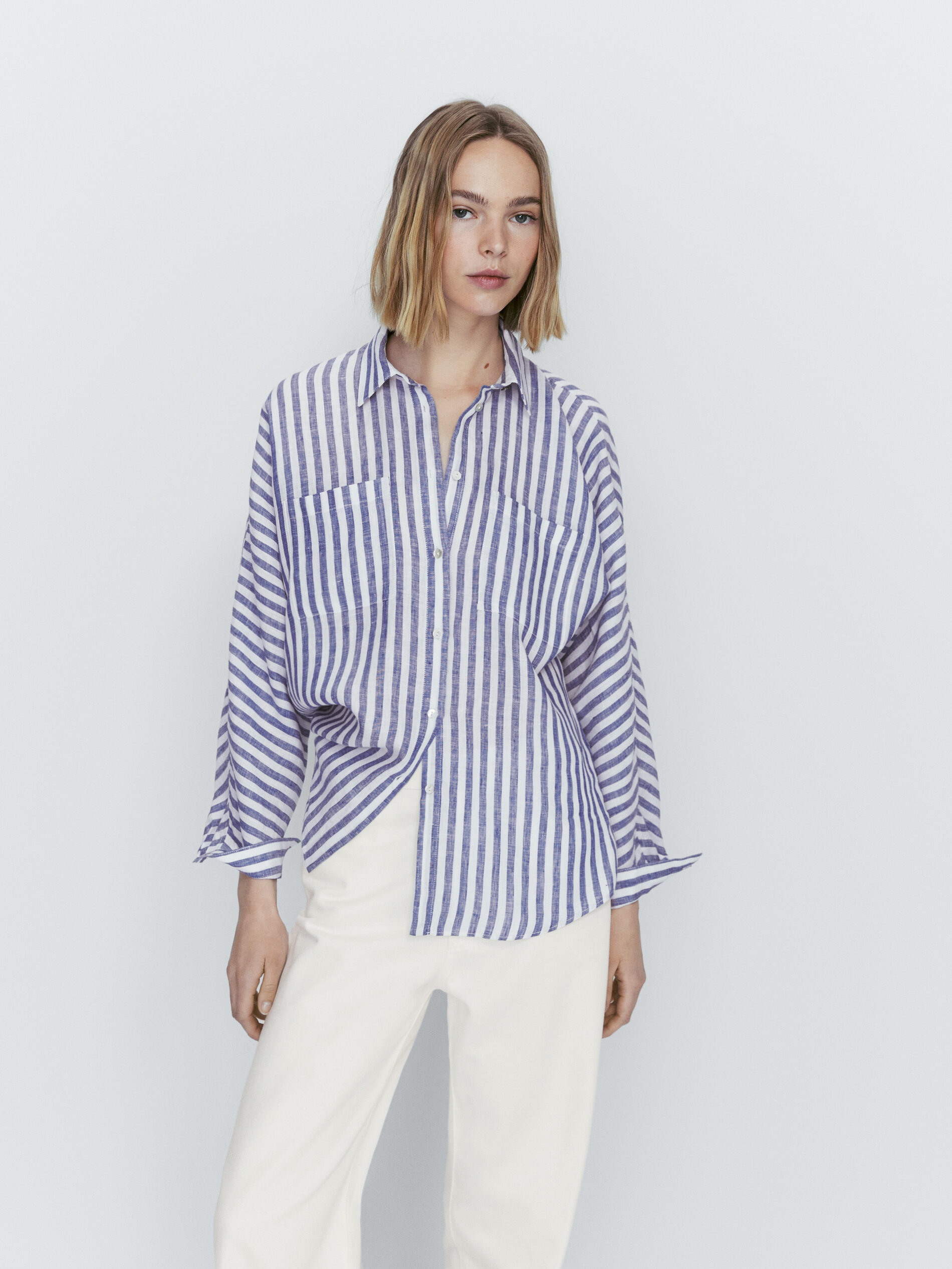 Camisa rayas 100% lino bolsillos - AZUL