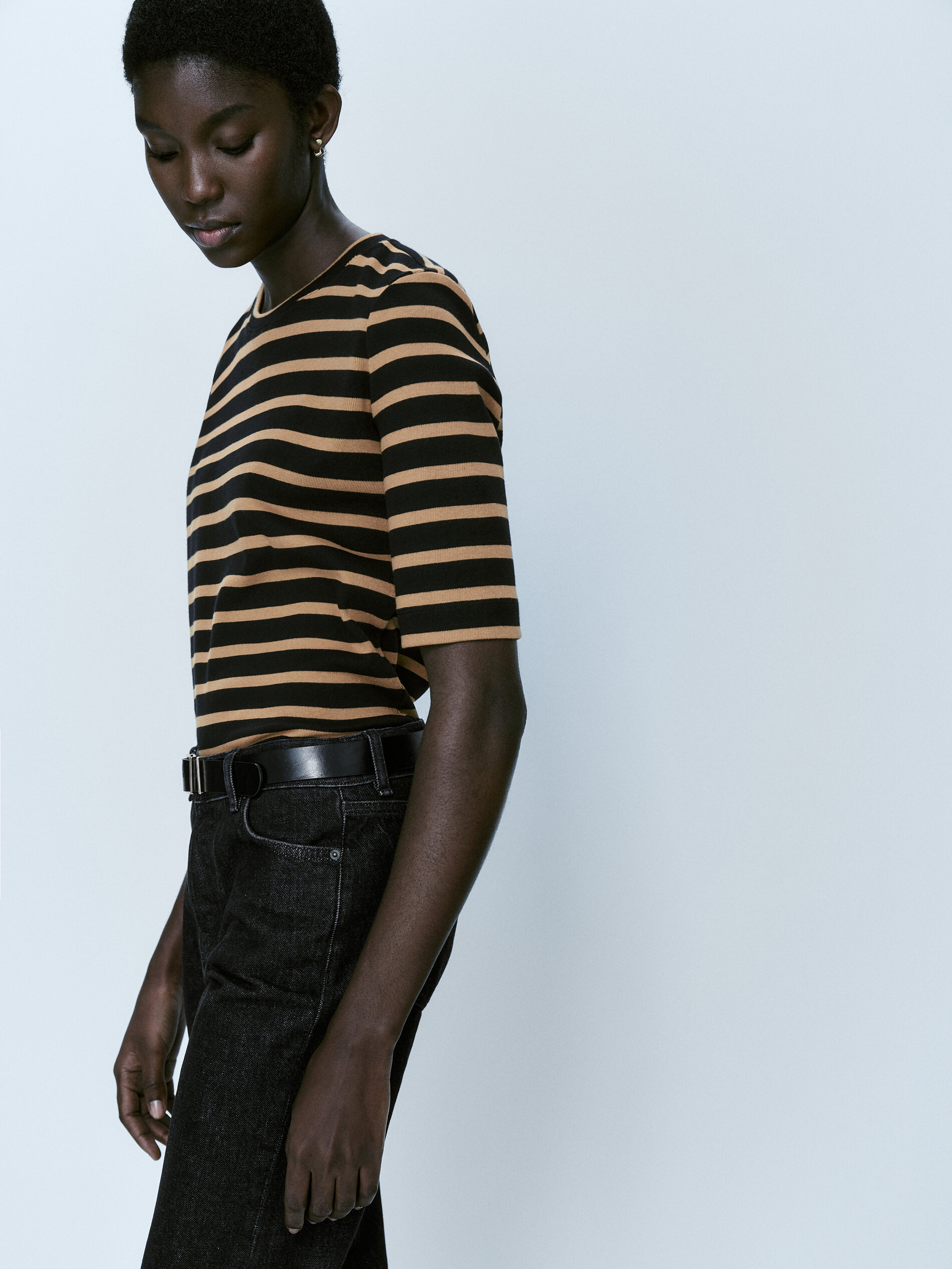 Camiseta rayas manga corta algodón - MARRÓN