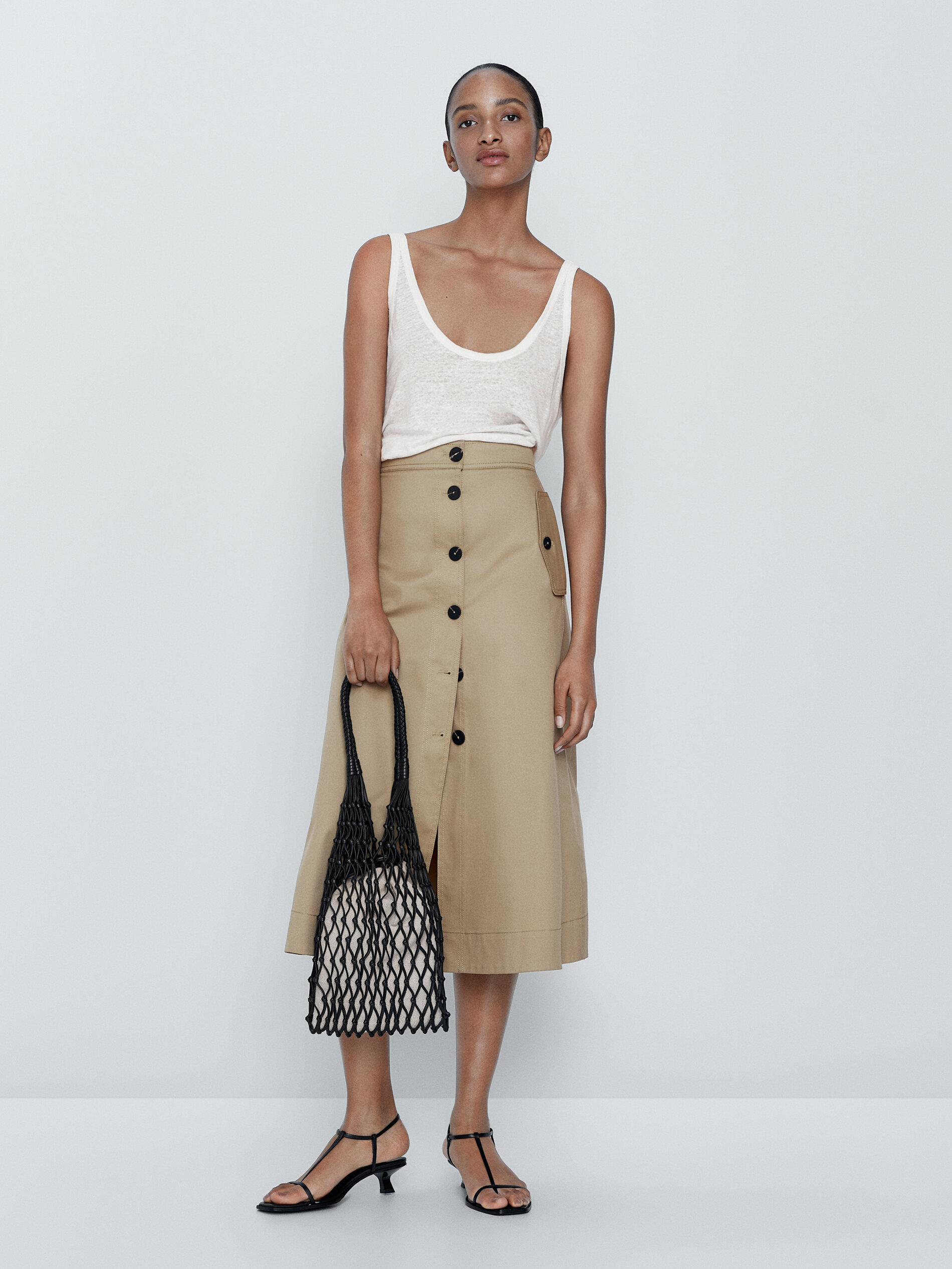 Falda midi botones contraste - BEIGE