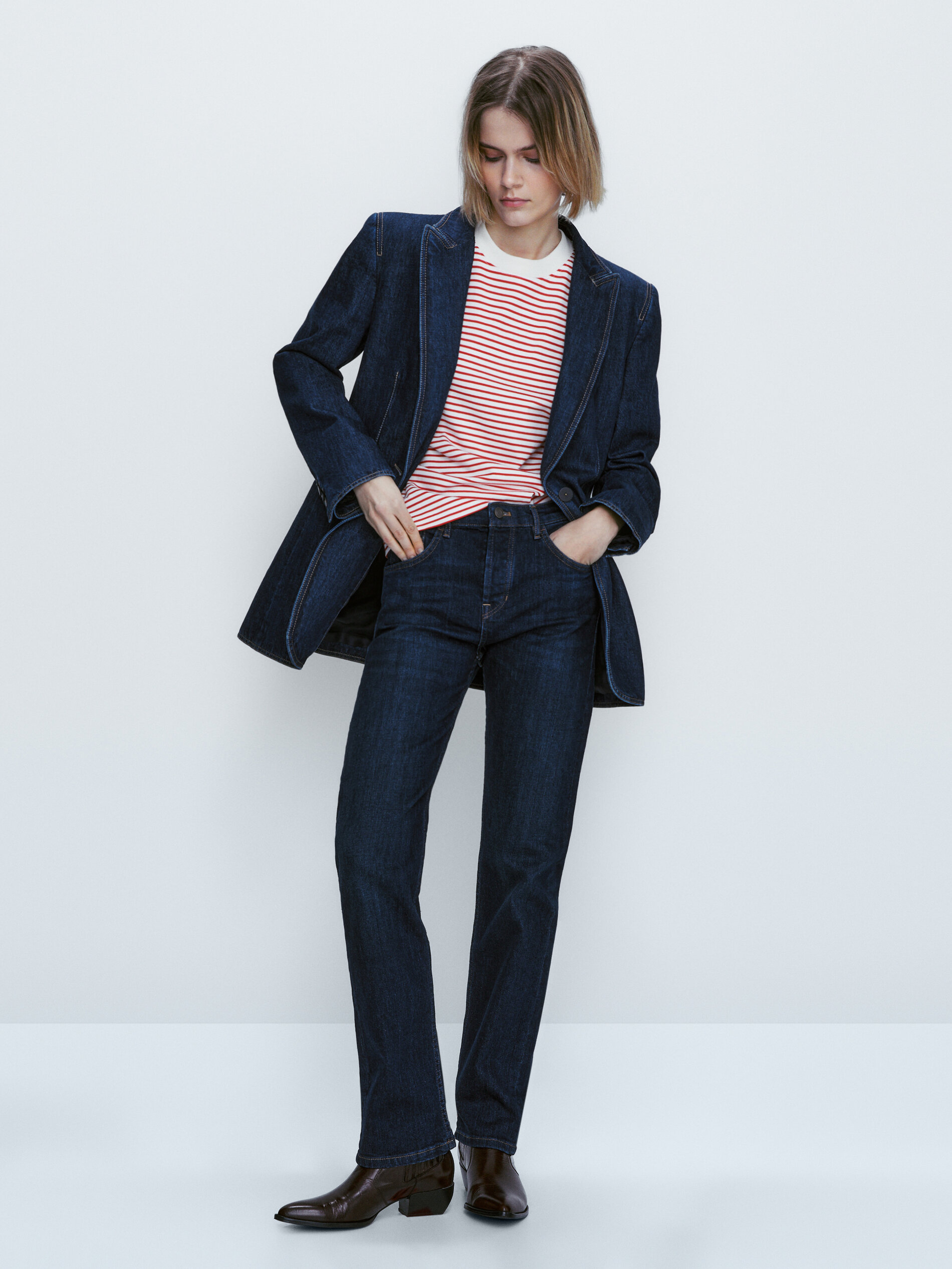 Camiseta rayas cuello contraste algodón - ROJO