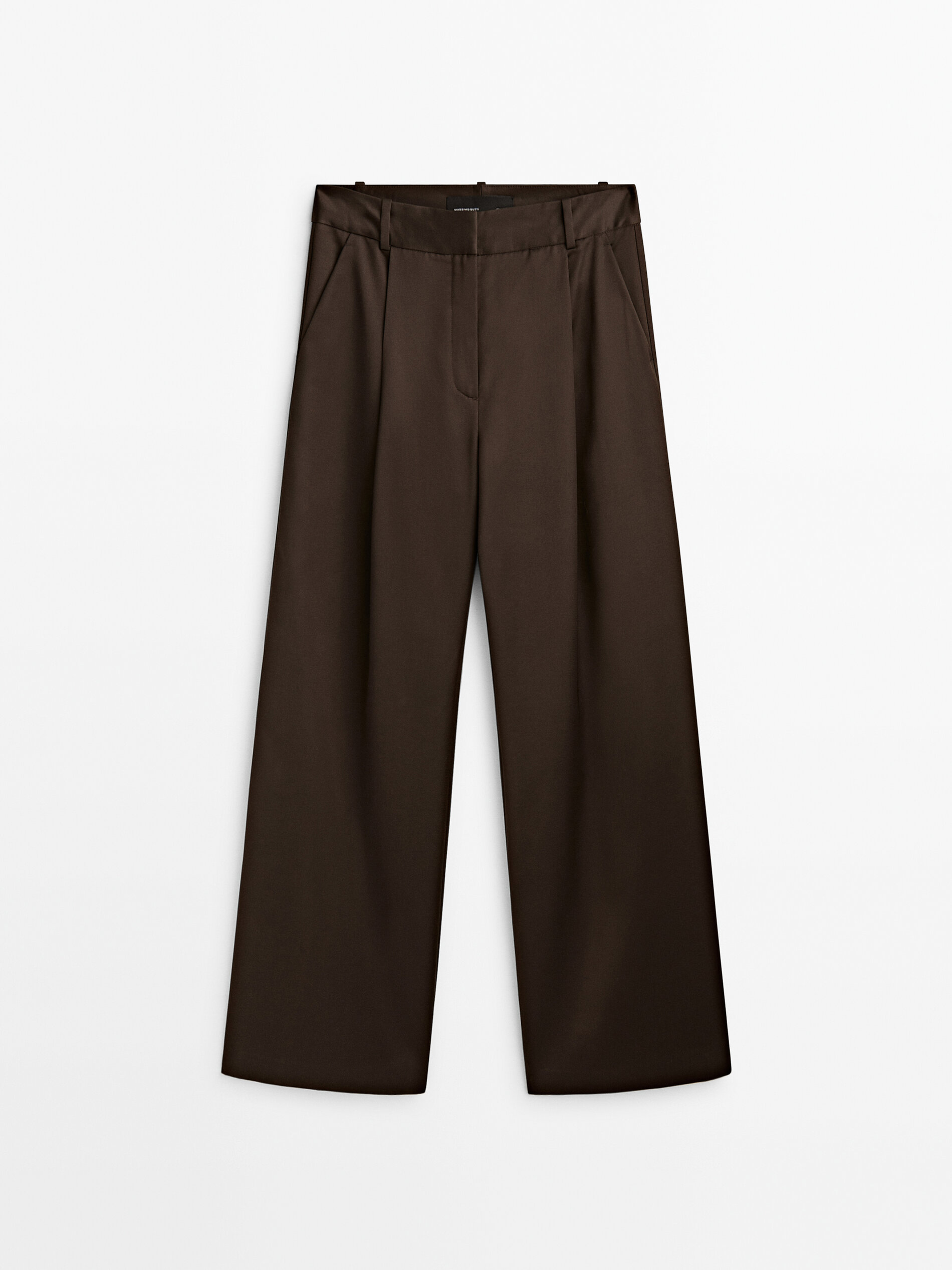 Pantalón ancho satinado pinzas -Studio - MARRÓN