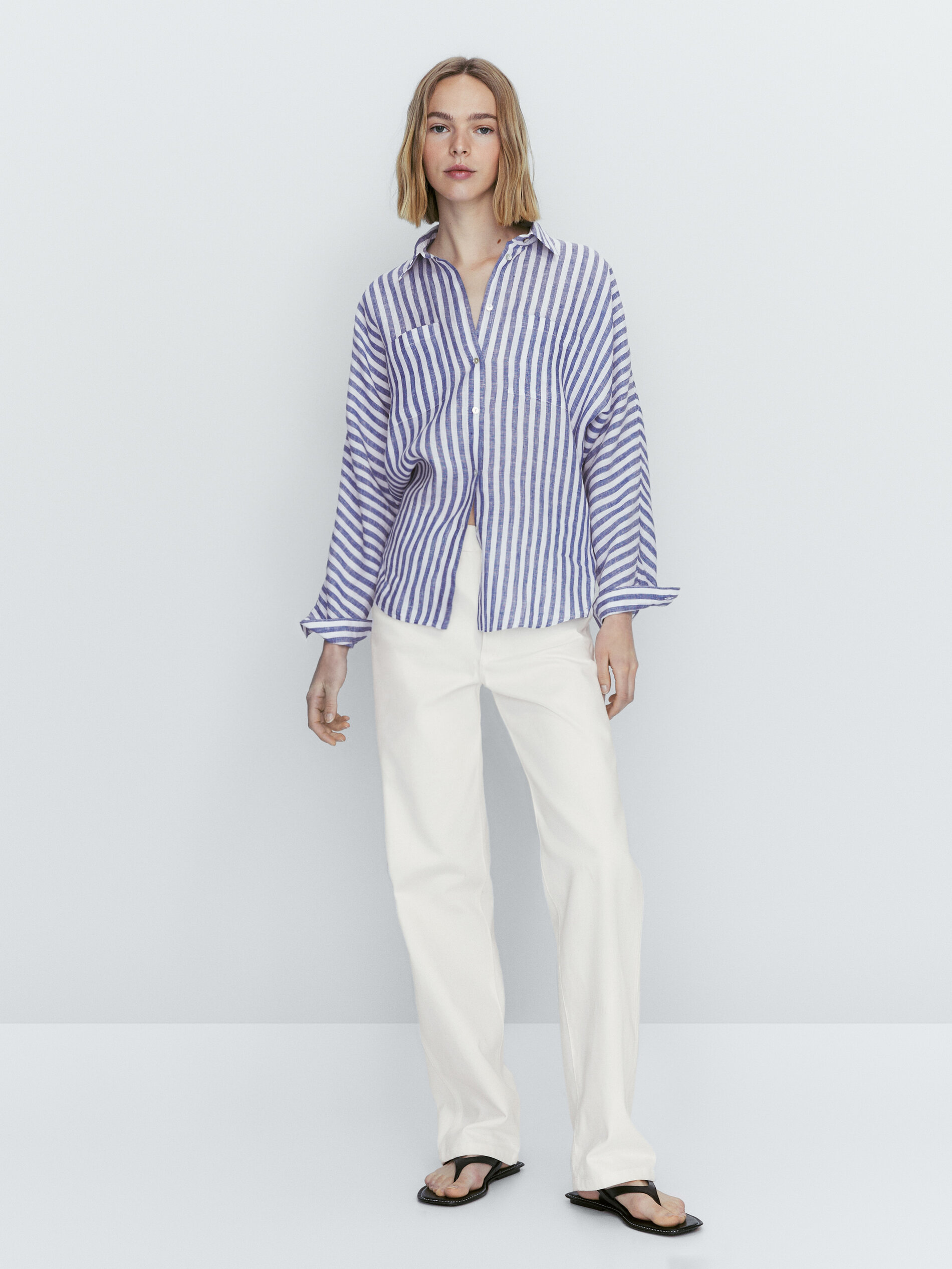 Camisa rayas 100% lino bolsillos - AZUL