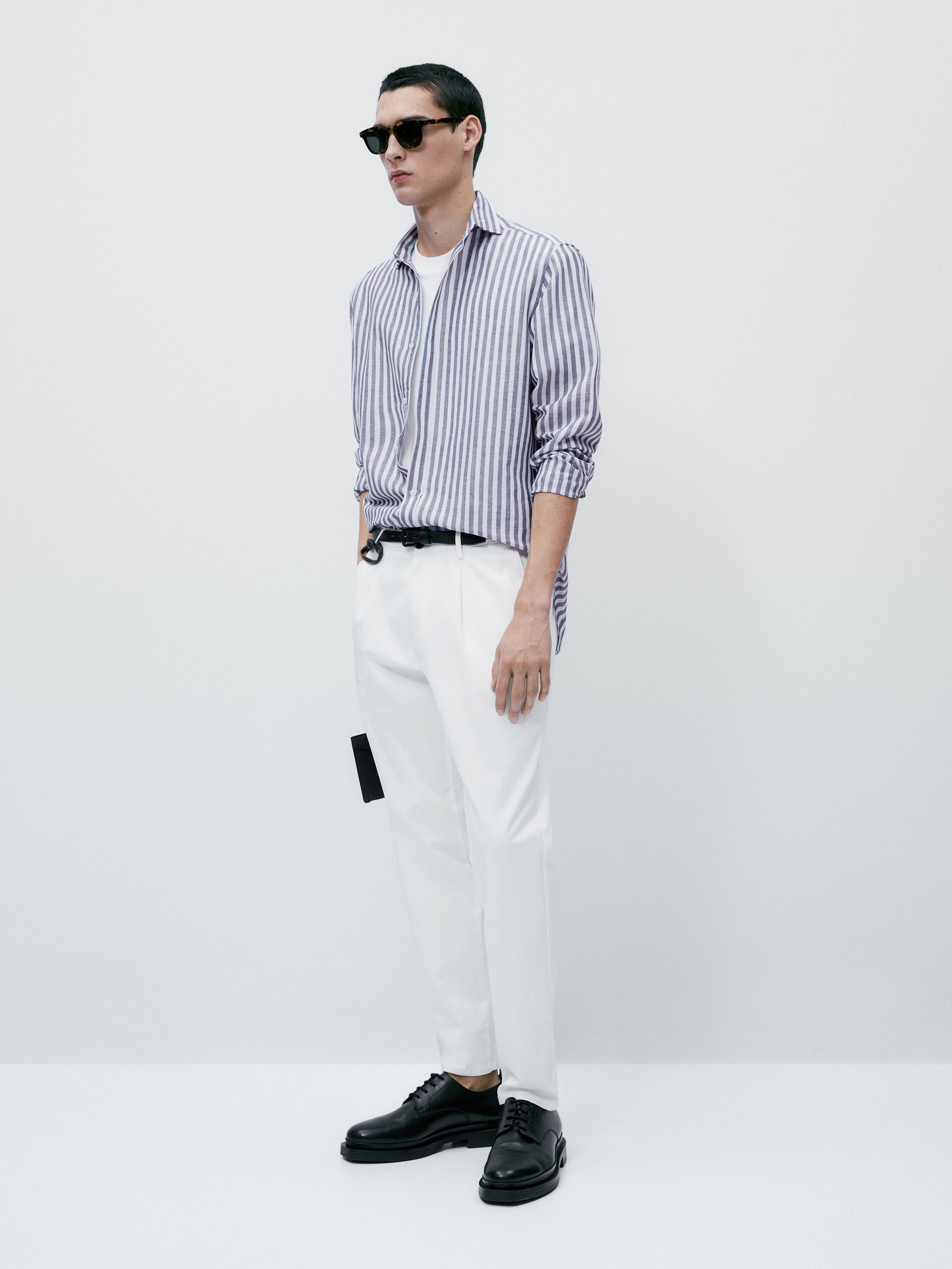 Camisa rayas con lino y algodón regular fit - AZUL MARINO