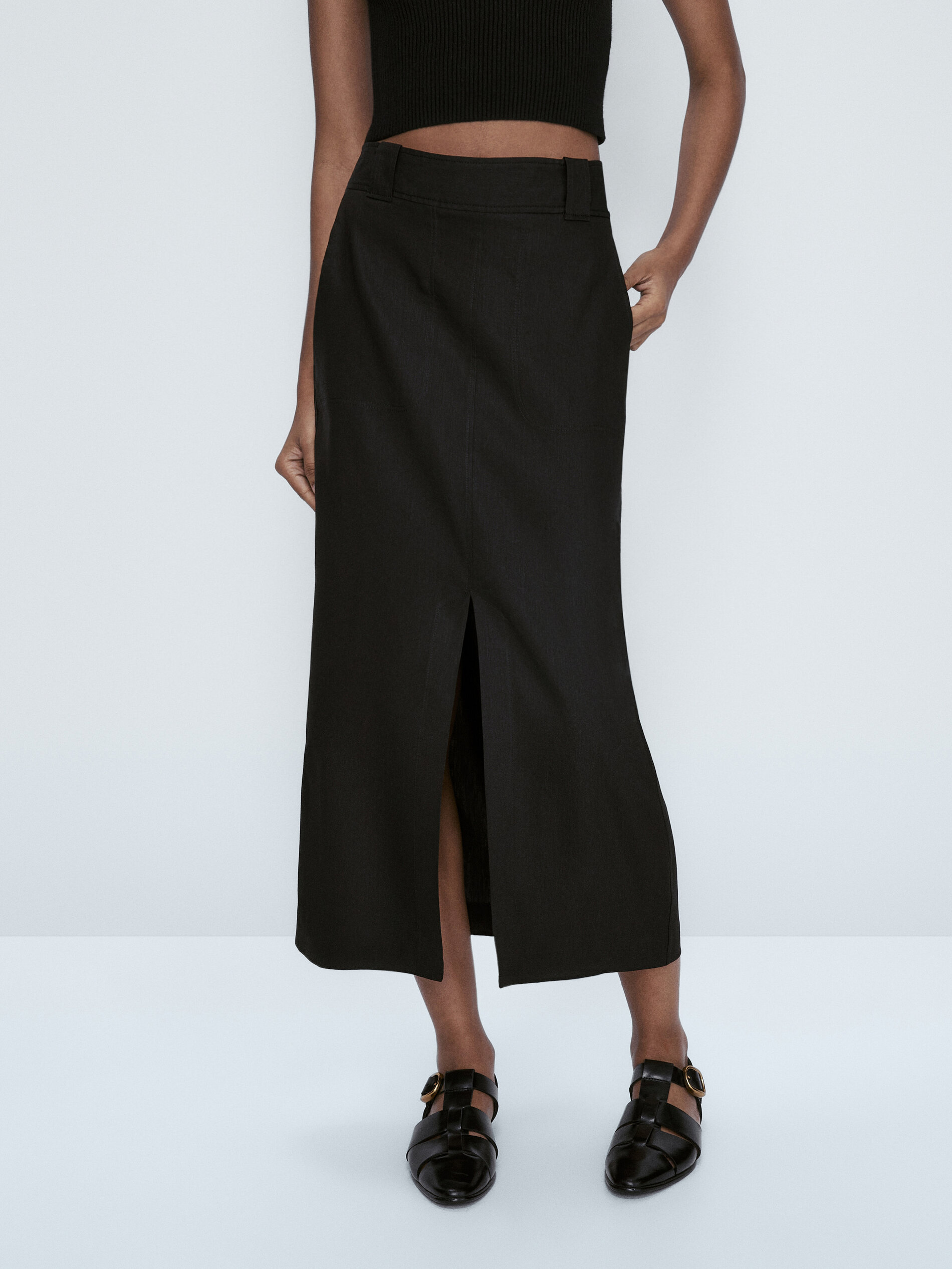 Falda mezcla lino con abertura - NEGRO