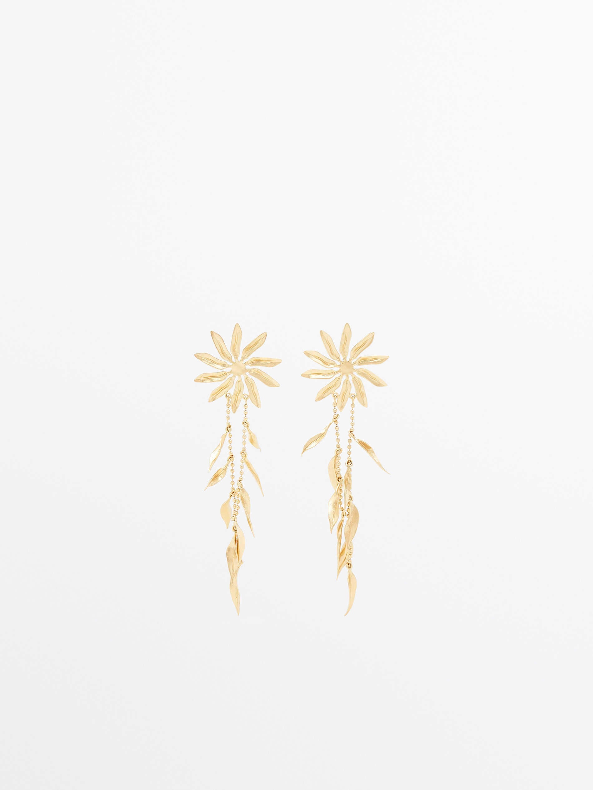 Pendientes largos flor y rama baño oro - DORADO