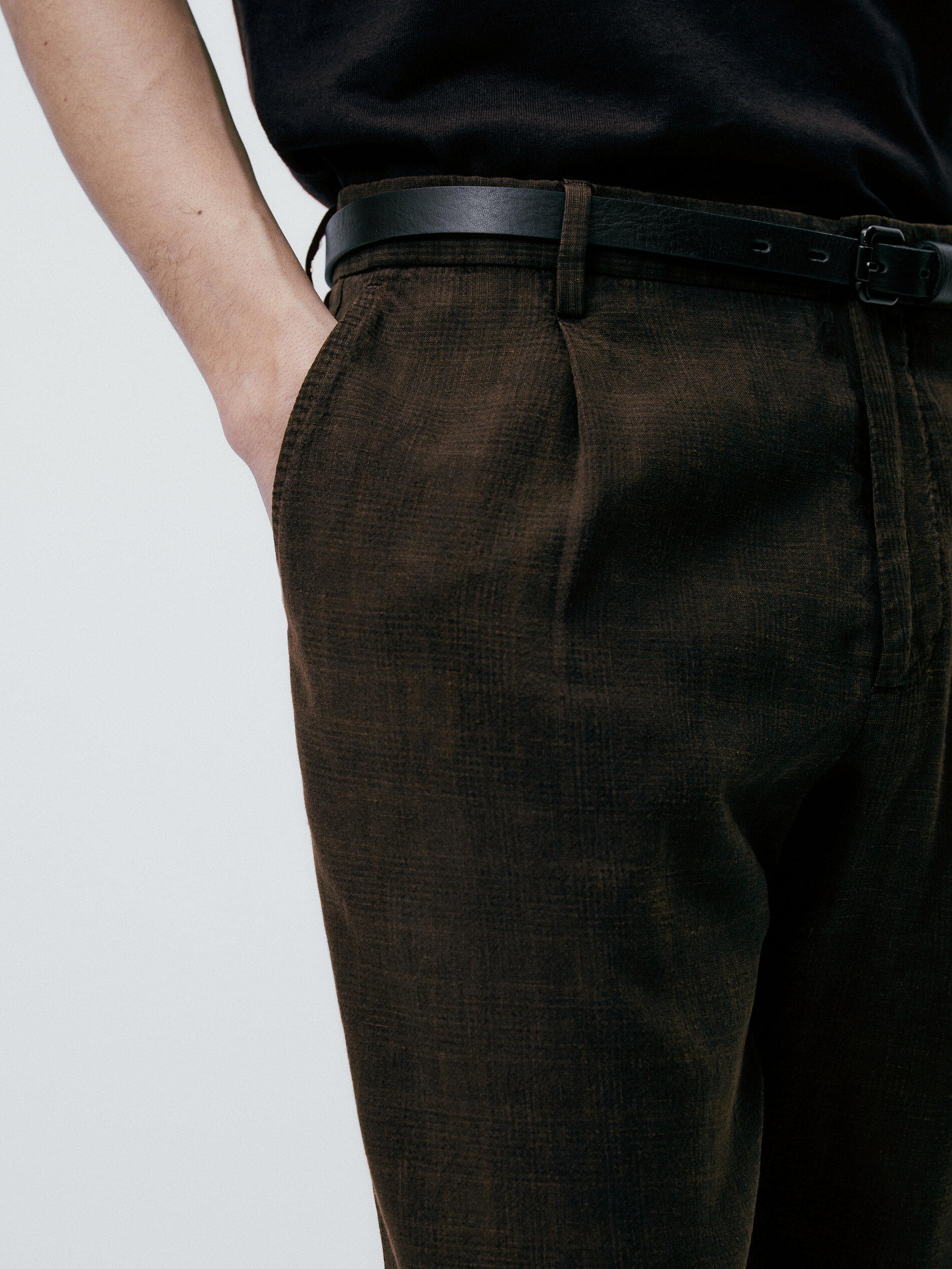 Pantalón traje con lino tintado falso cuadro - MARRÓN