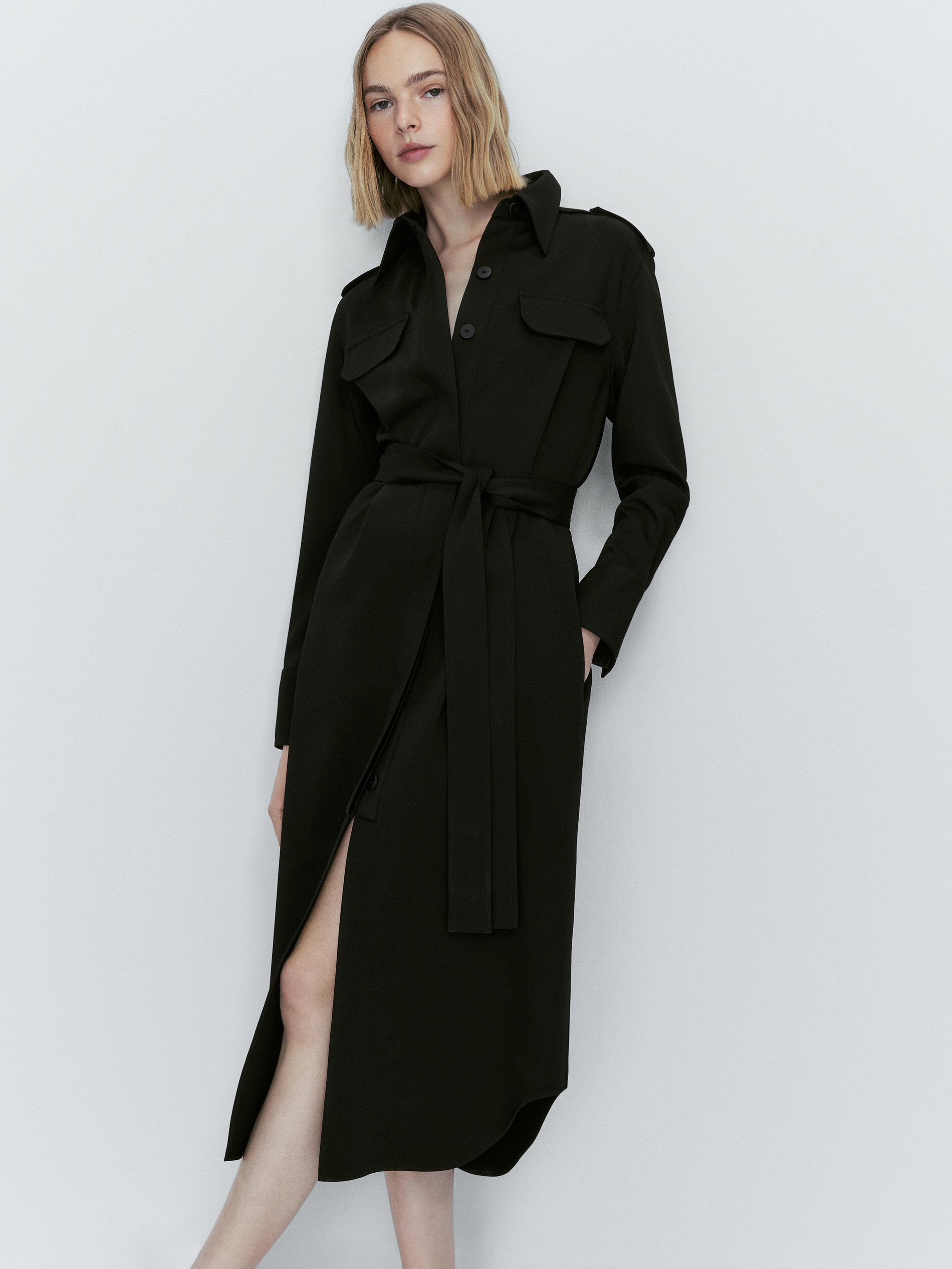 Vestido midi camisero cinturón - NEGRO