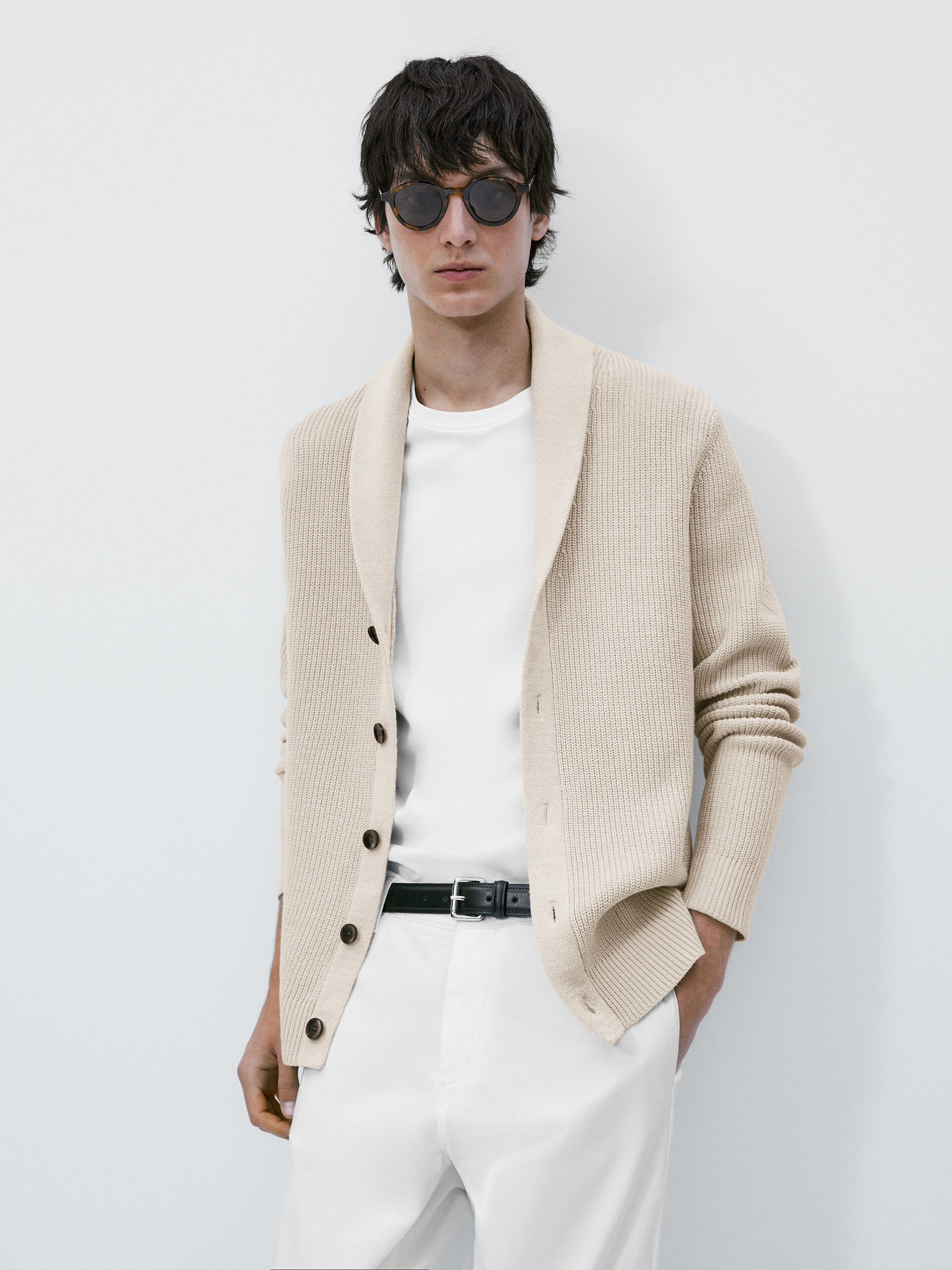 Cárdigan de punto cuello chal - Beige