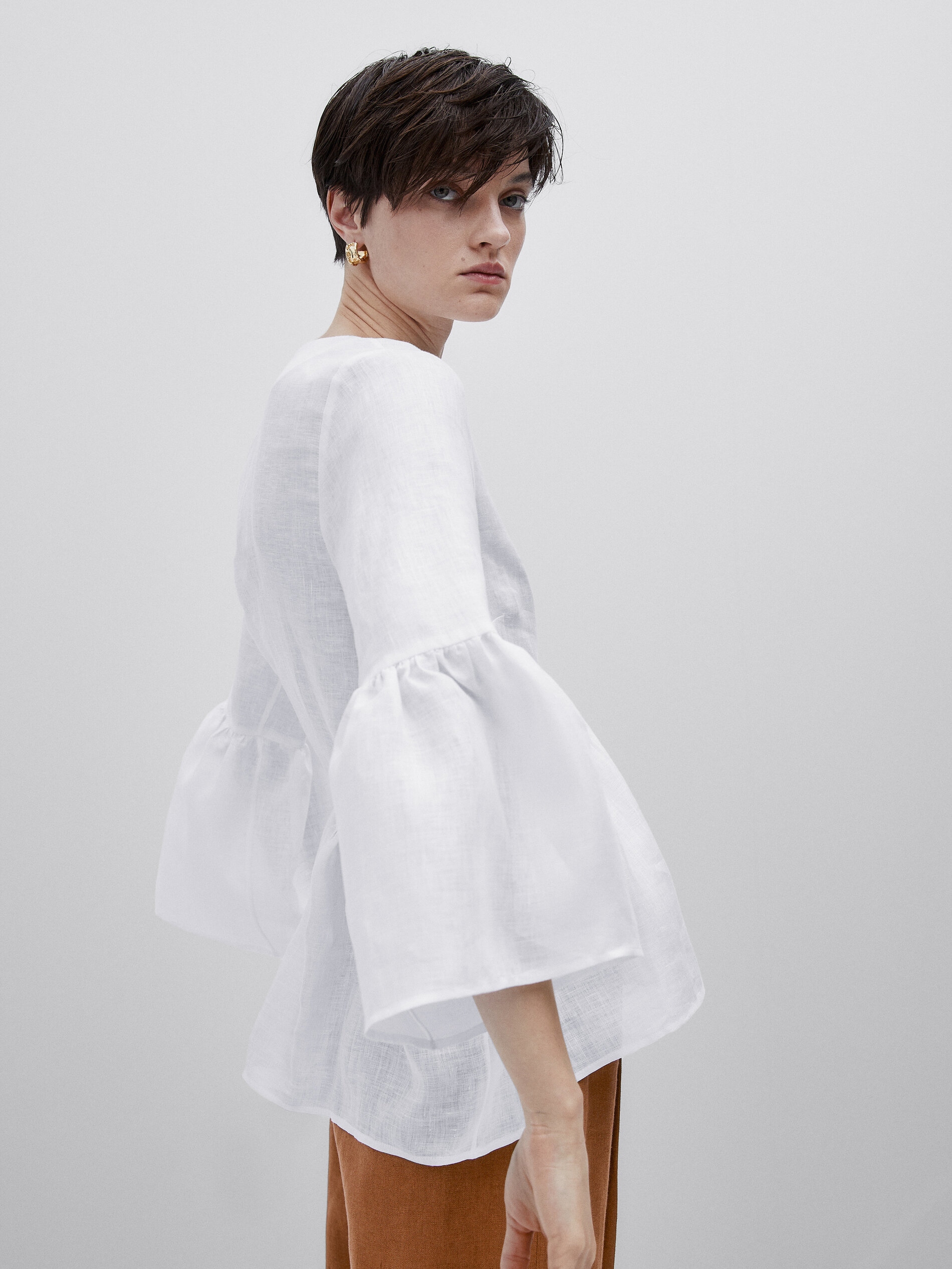 Camisa peplum lino botón -Studio - BLANCO