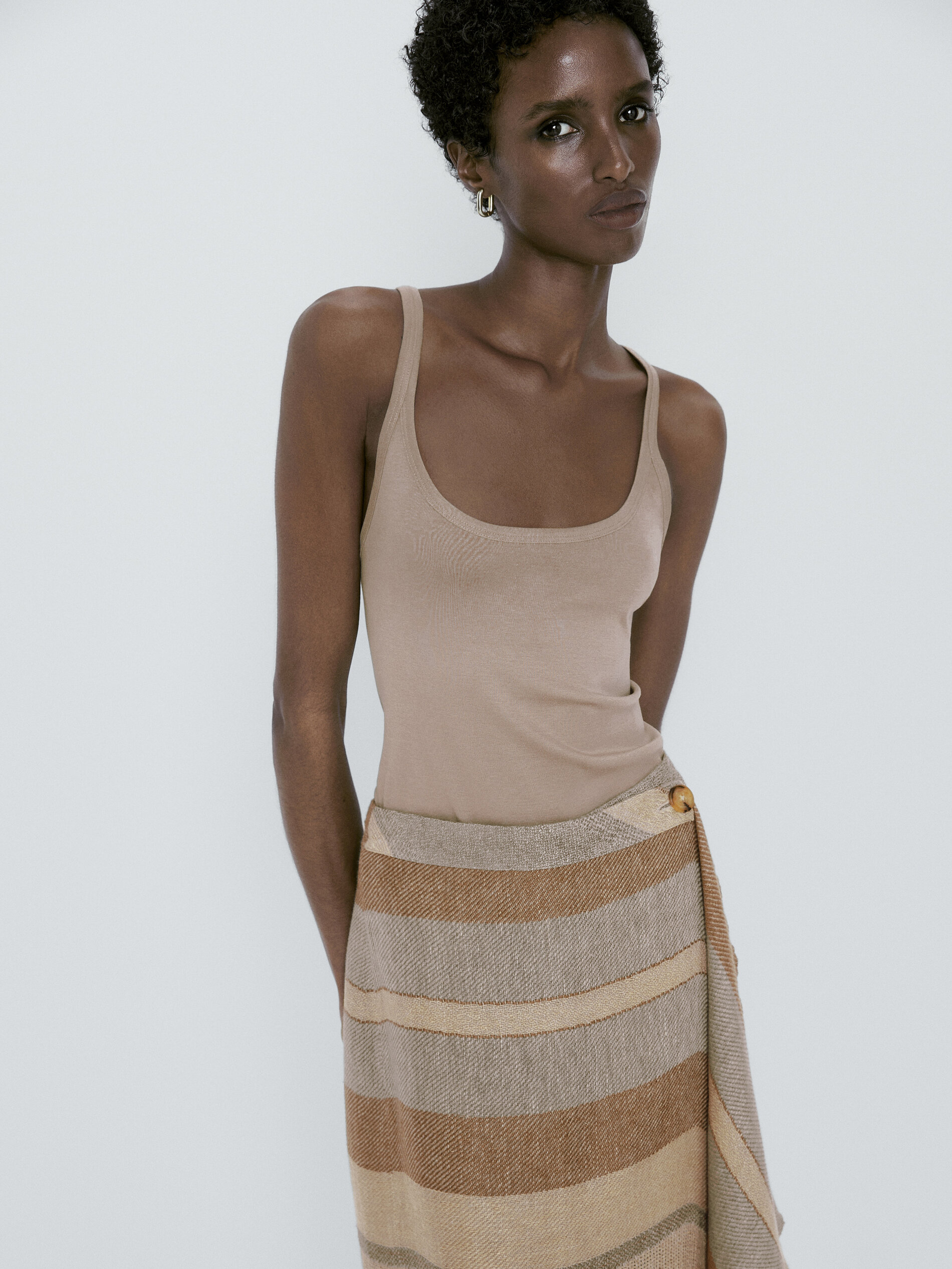 Falda rústica rayas 100% lino - MARRÓN