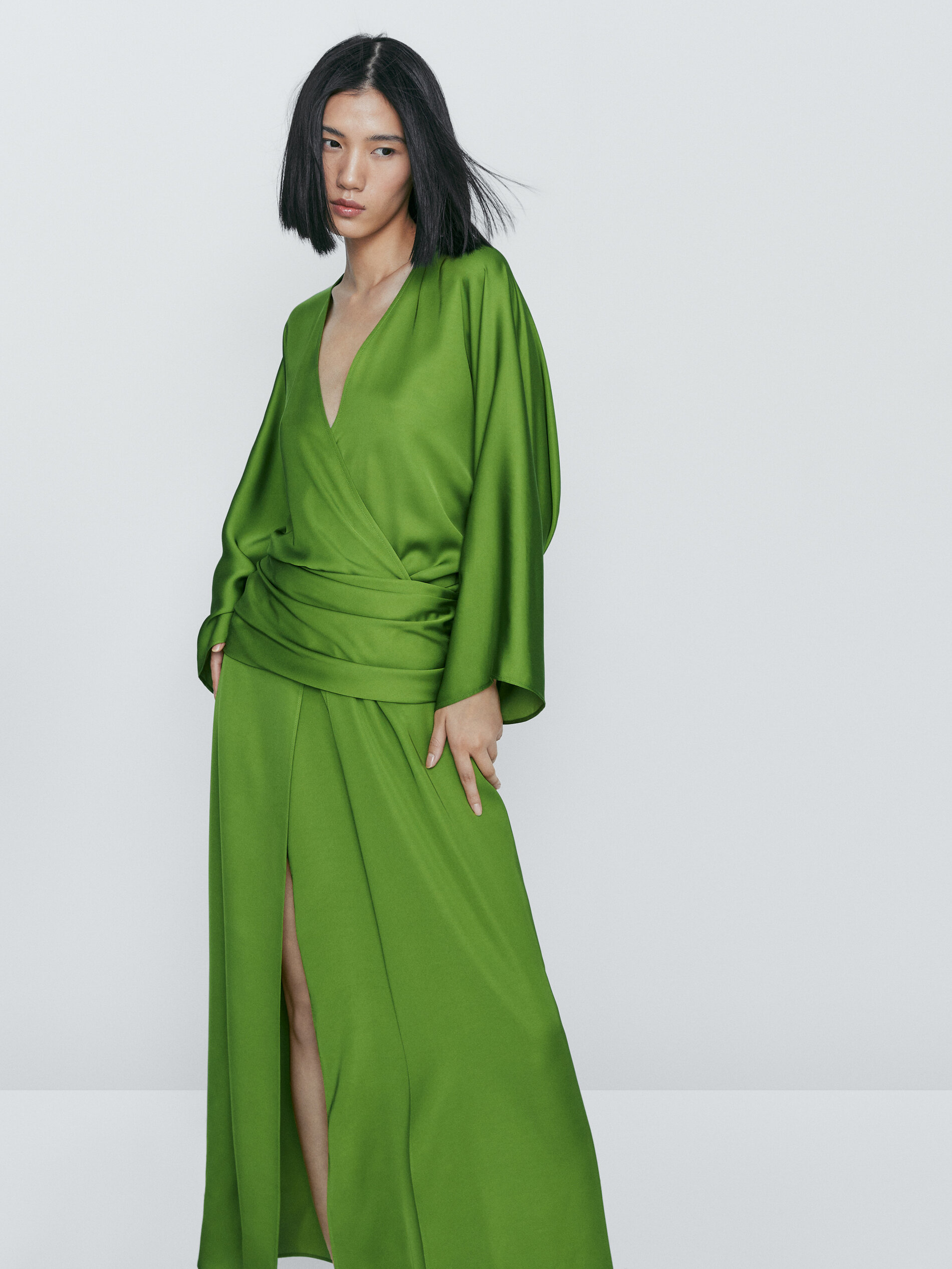 Vestido kimono fluido detalle fajín - VERDE