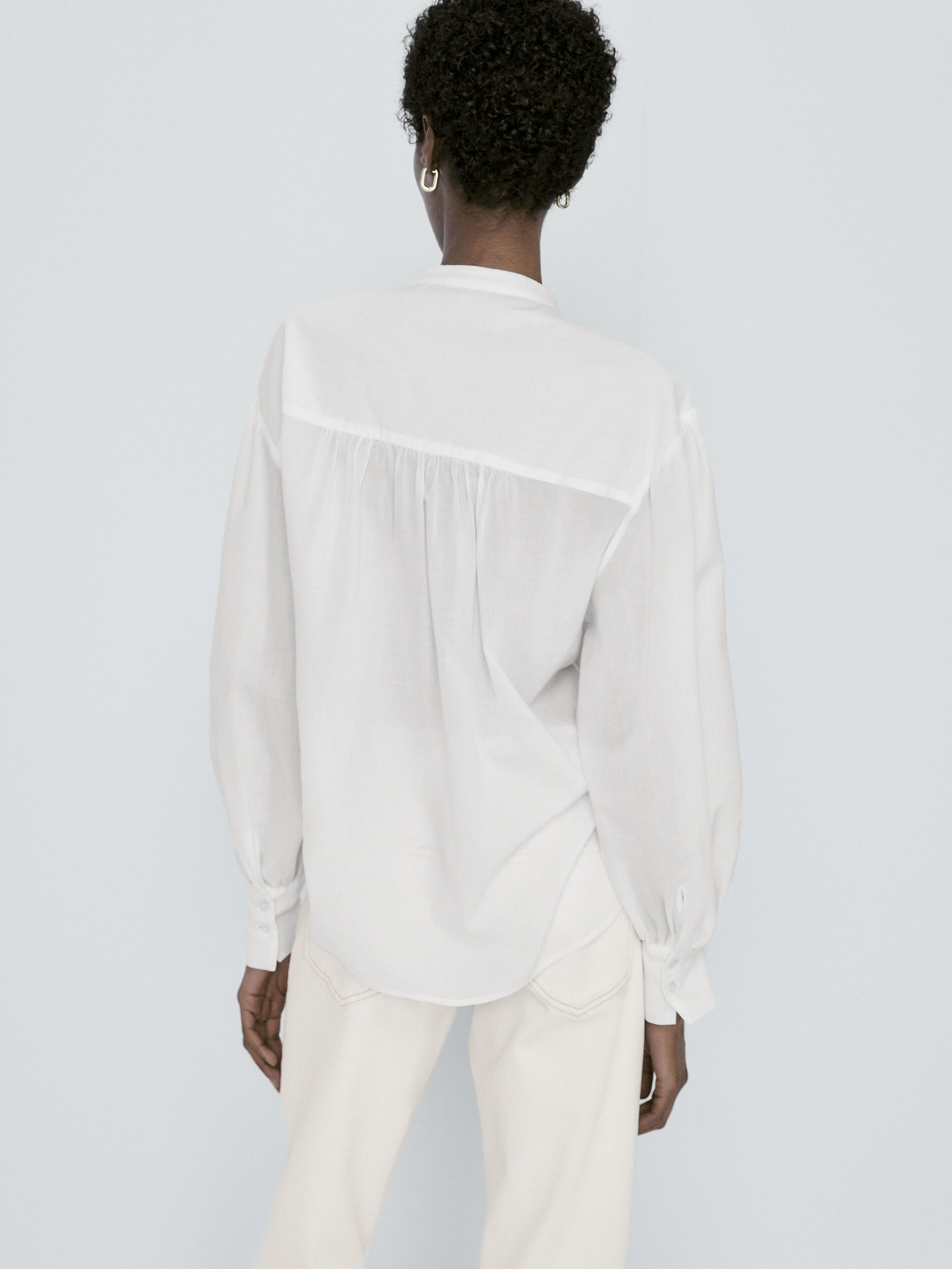 Camisa algodón lavada cuello mao - BLANCO