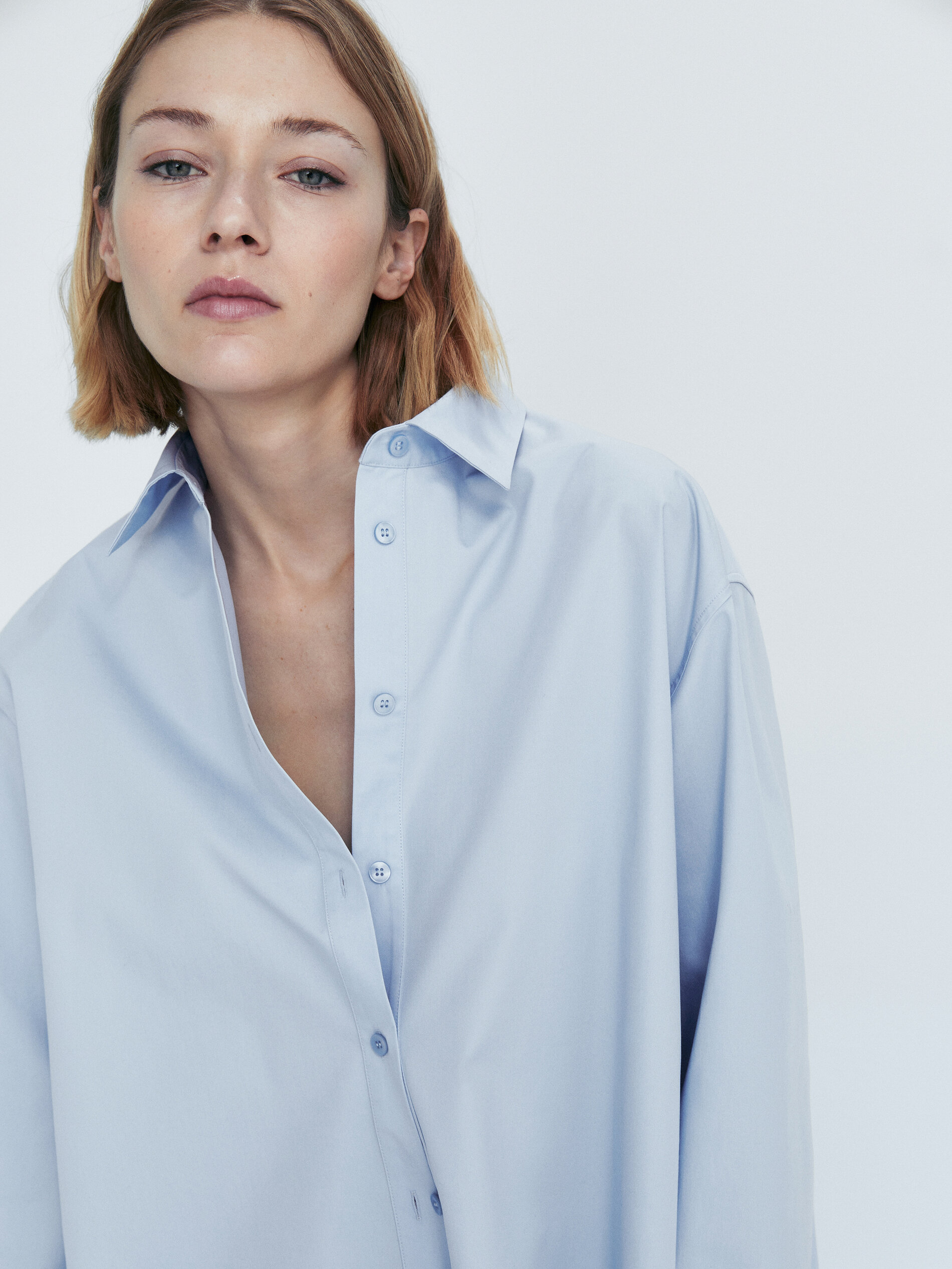 Camisa popelín algodón sarga - CELESTE