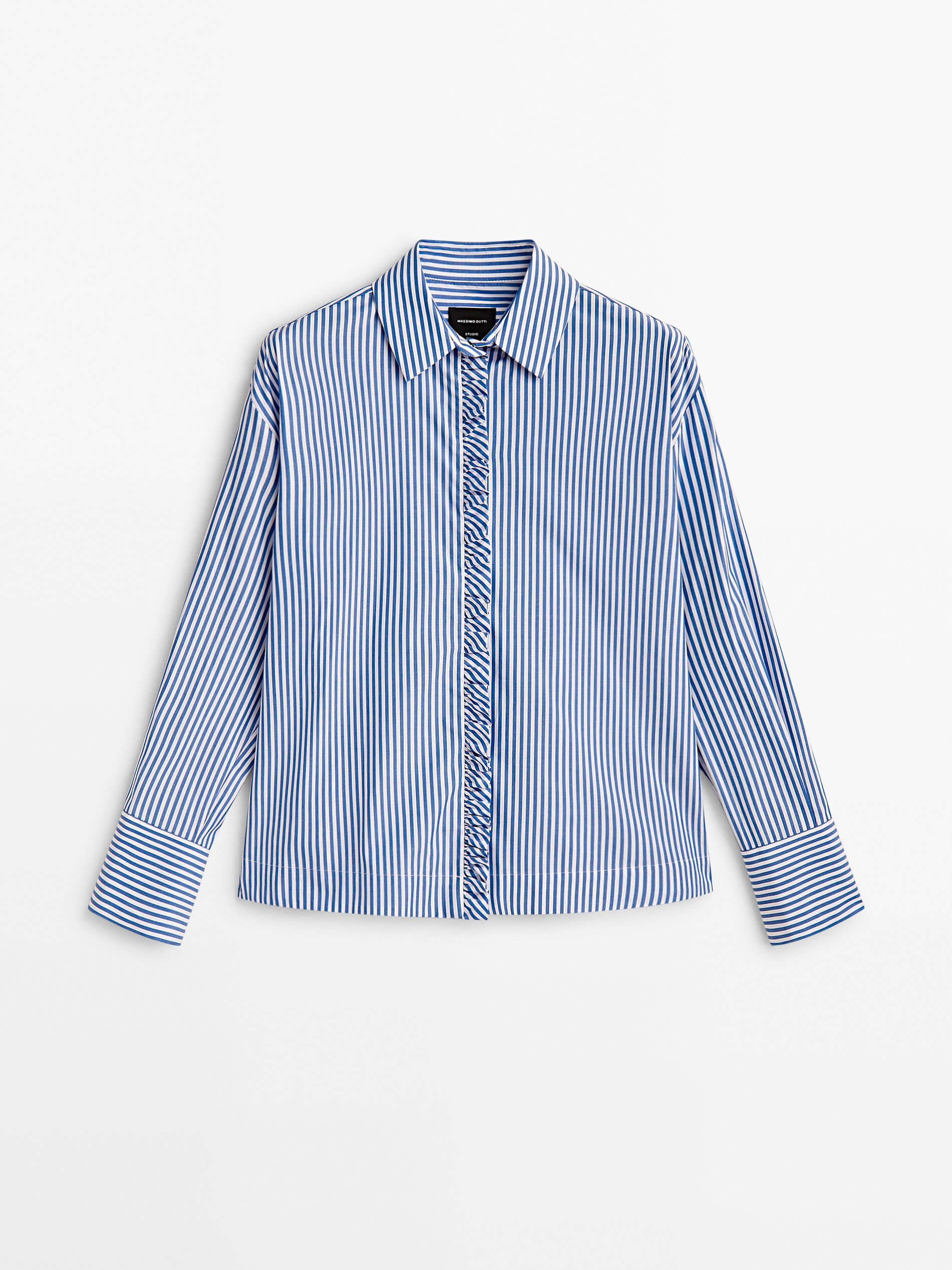 Camisa rayas popelín detalle volante -Studio - AZUL MARINO